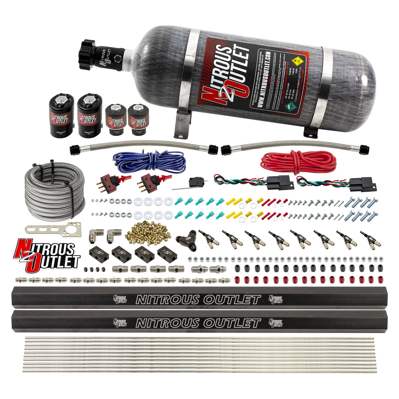 Nitrous Outlet Oxide Systems 00-10362-E85-R-DS-12 DS 4 Cyl 4Sol Direct Port Sys w/ Dual Rails E85 Low PSI(12Lb Bottle) 90°Noz
