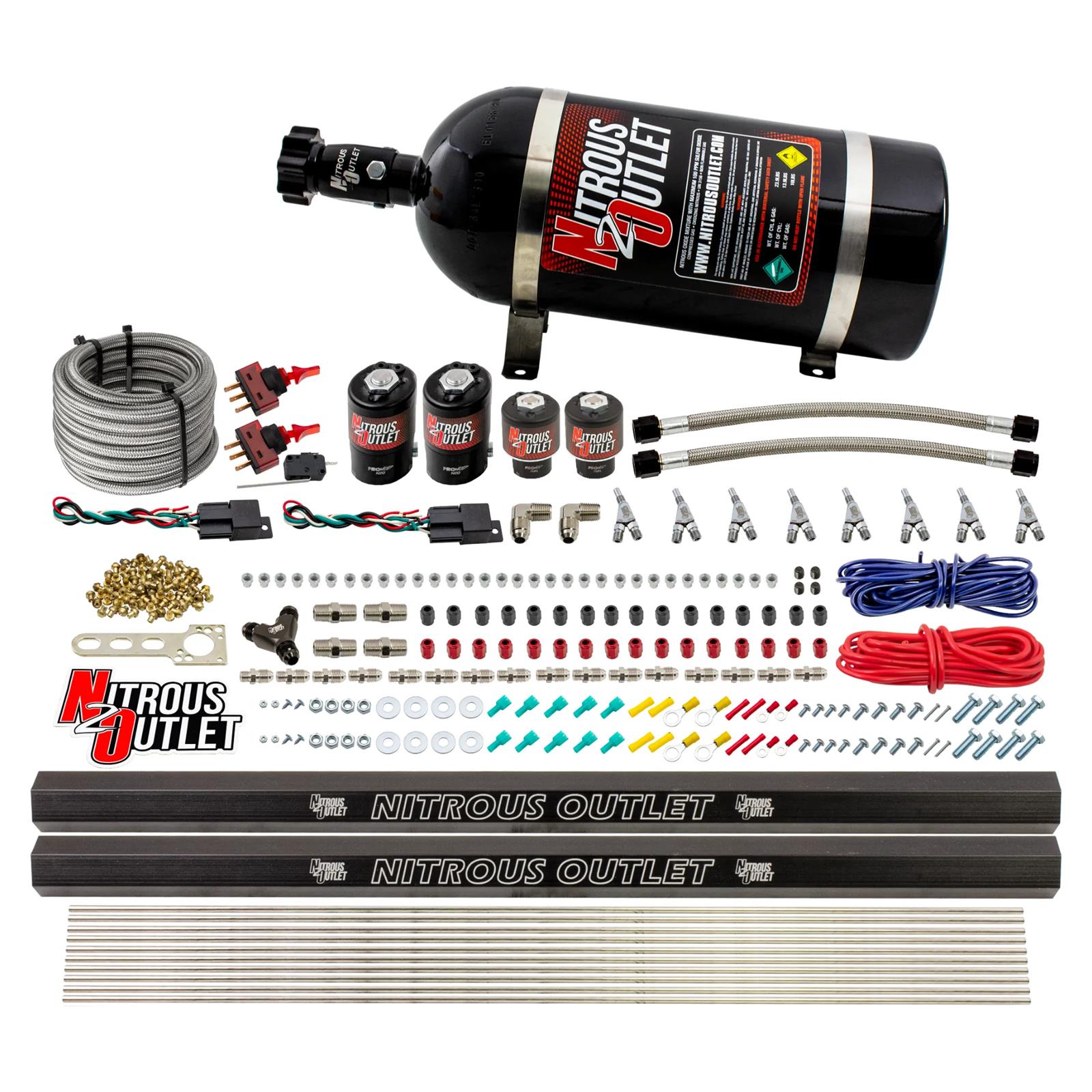 Nitrous Outlet Oxide Systems 00-10362-R-SBT-DS-10 DS 4 Cyl 4 Sol Direct Port Sys w/ Dual Rails Low PSI(10Lb Bottle)(SBT Noz)