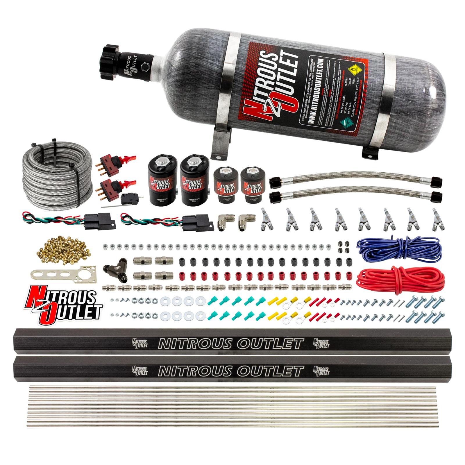 Nitrous Outlet Oxide Systems 00-10362-R-SBT-DS-12 DS 4 Cyl 4 Sol Direct Port Sys w/ Dual Rails Low PSI(12Lb Bottle)(SBT Noz)