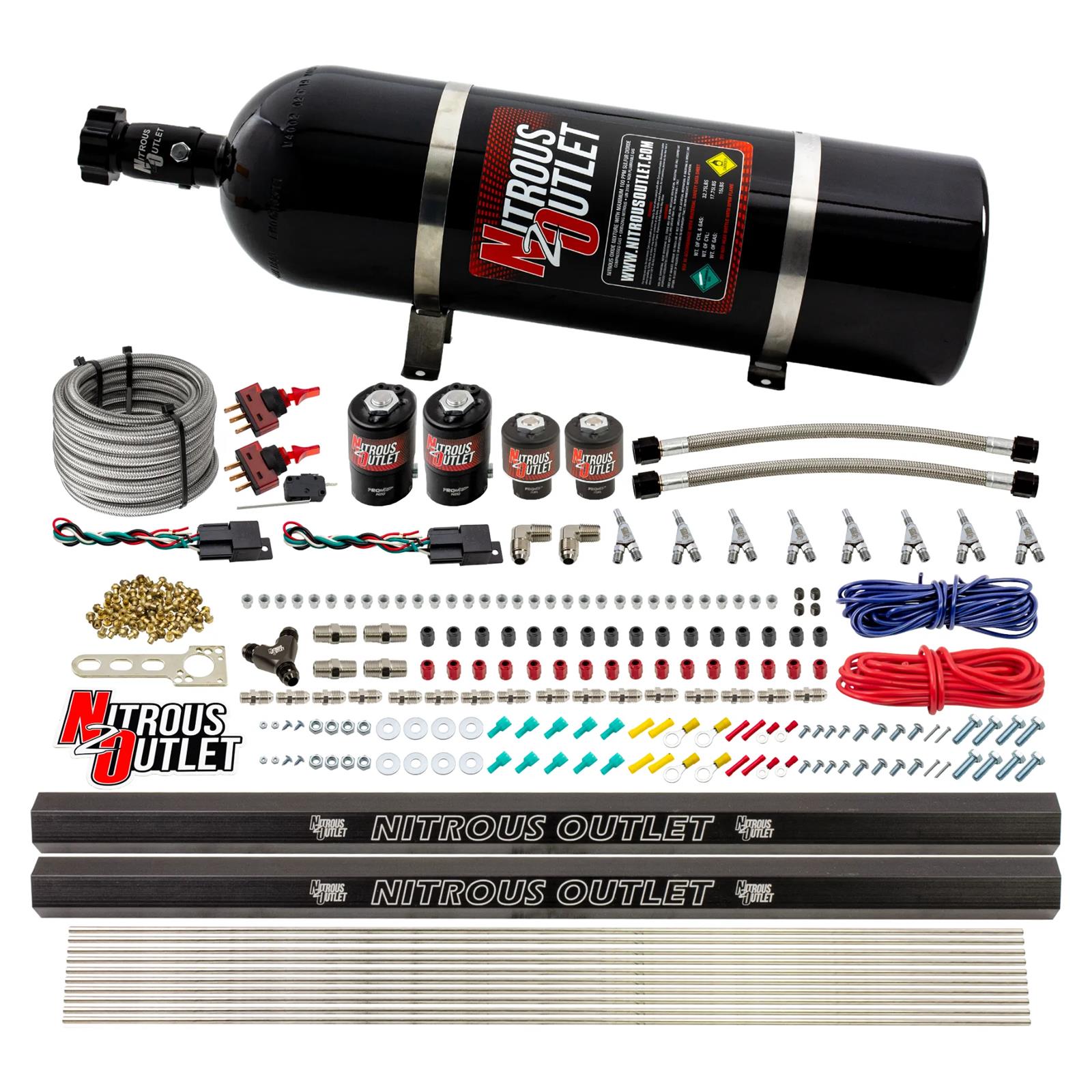 Nitrous Outlet Oxide Systems 00-10362-R-SBT-DS-15 DS 4 Cyl 4 Sol Direct Port Sys w/ Dual Rails Low PSI(15Lb Bottle)(SBT Noz)