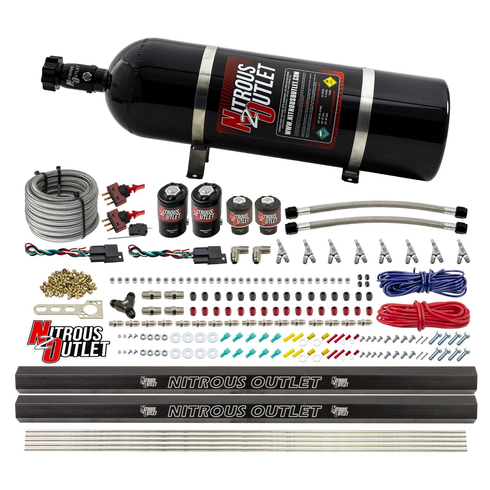 Nitrous Outlet Oxide Systems 00-10363-E85-DS-15 DS 4Cyl 4Sol Direct Port Sys w/Dist Blocks E85 Hi PSI(15Lb Bottle)(90° Noz)