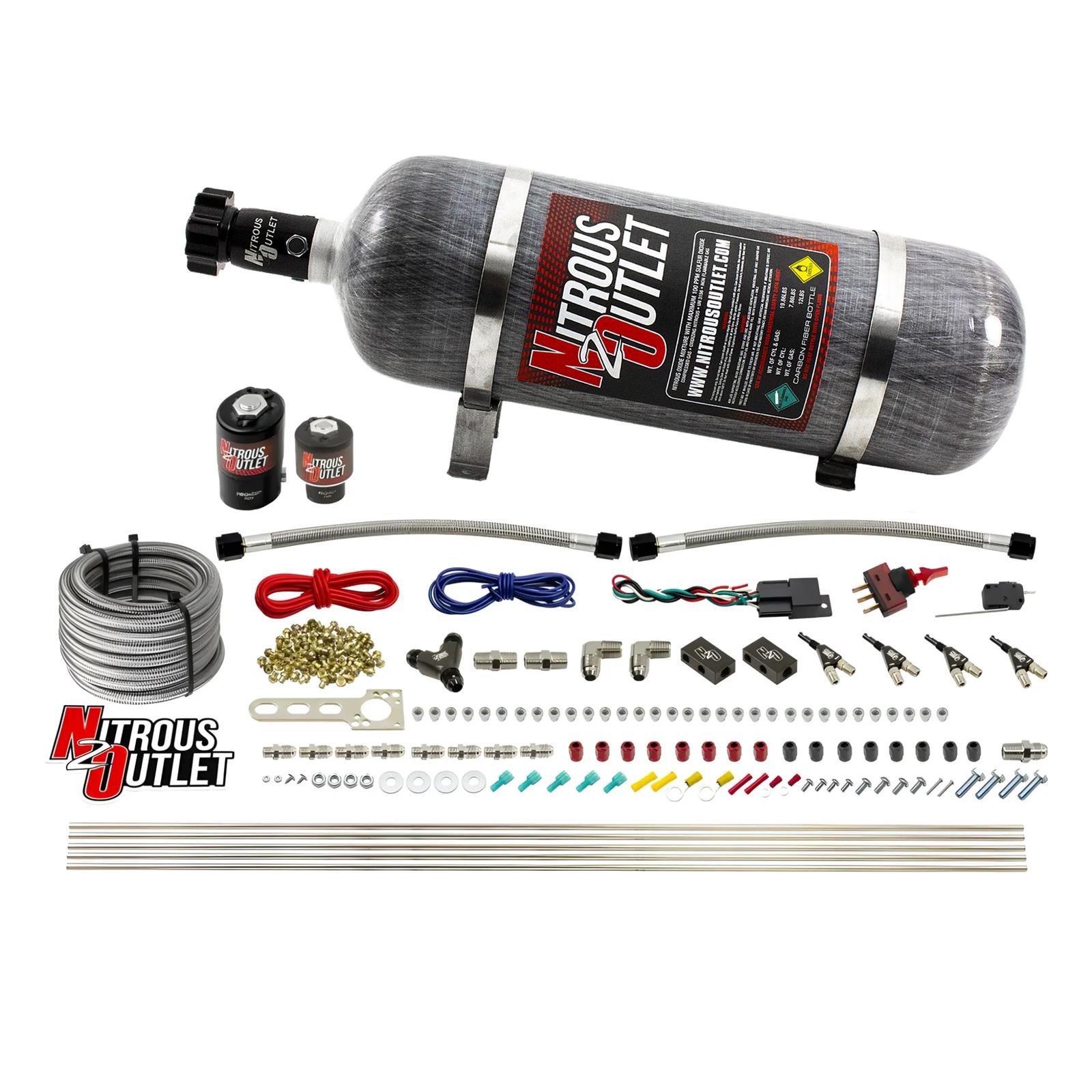 Nitrous Outlet Oxide Systems 00-10363-E85-R-12 4 Cyl 2 Sol Direct Port Sys w/ Single Rail E85 Hi PSI(12Lb Bottle)(90° Noz)