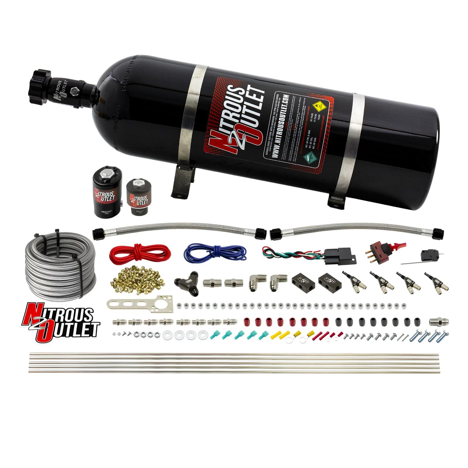 Nitrous Outlet Oxide Systems 00-10363-E85-R-15 4 Cyl 2 Sol Direct Port Sys w/ Single Rail E85 Hi PSI(15Lb Bottle)(90° Noz)