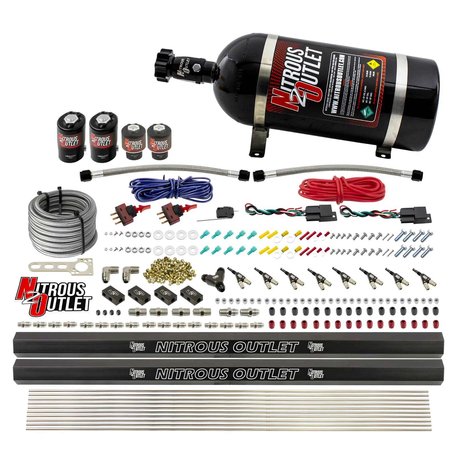 Nitrous Outlet Oxide Systems 00-10363-R-DS-10 DS 4 Cyl 4 Sol Direct Port Sys w/ Dual Rails Hi PSI(10Lb Bottle)(90° Noz)