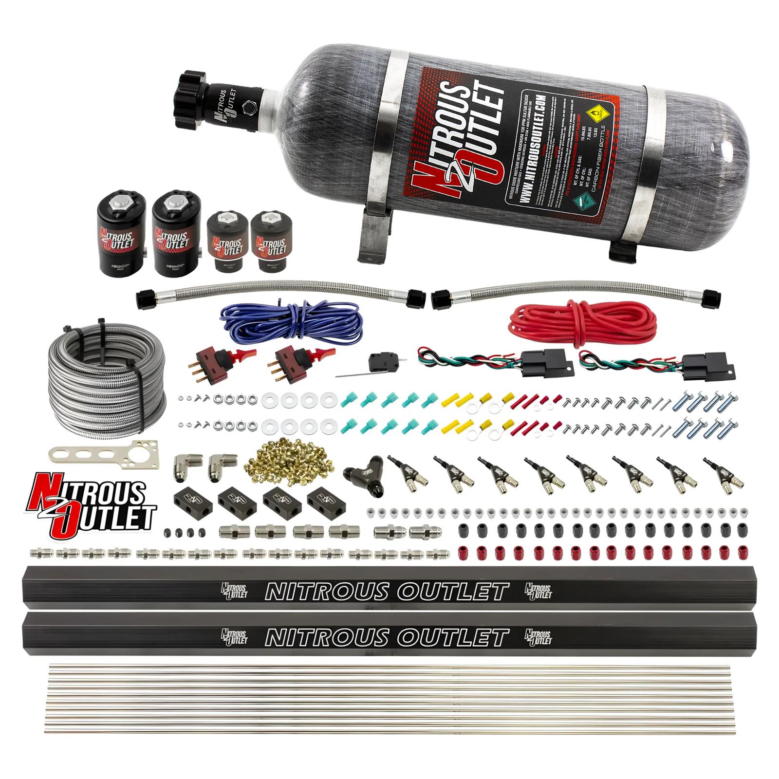 Nitrous Outlet Oxide Systems 00-10363-R-DS-12 DS 4 Cyl 4 Sol Direct Port Sys w/ Dual Rails Hi PSI(12Lb Bottle)(90° Noz)