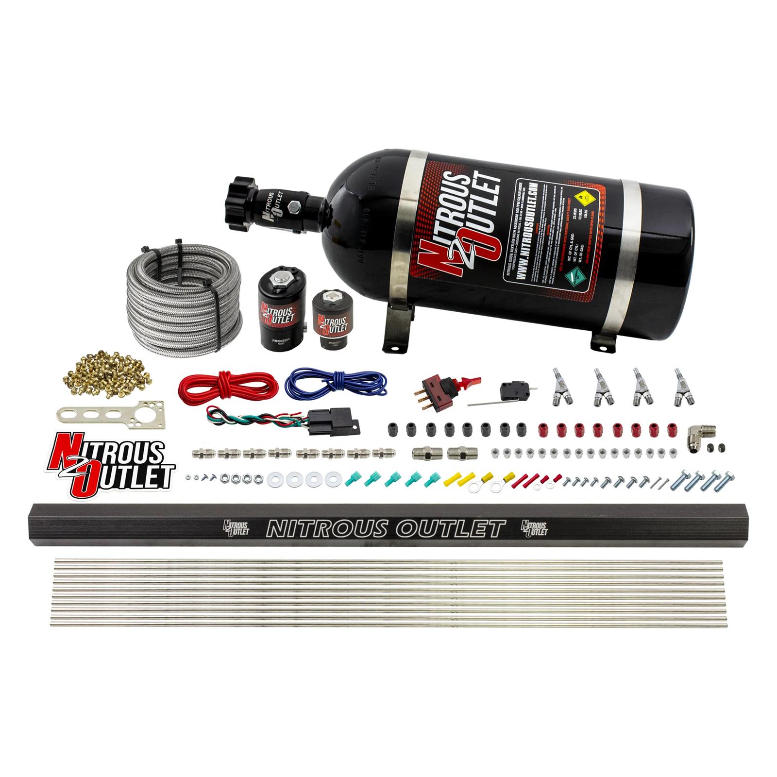 Nitrous Outlet Oxide Systems 00-10363-R-SBT-10 4 Cyl 2 Sol Direct Port Sys w/ Single Rail Hi PSI(10Lb Bottle)(SBT Noz)