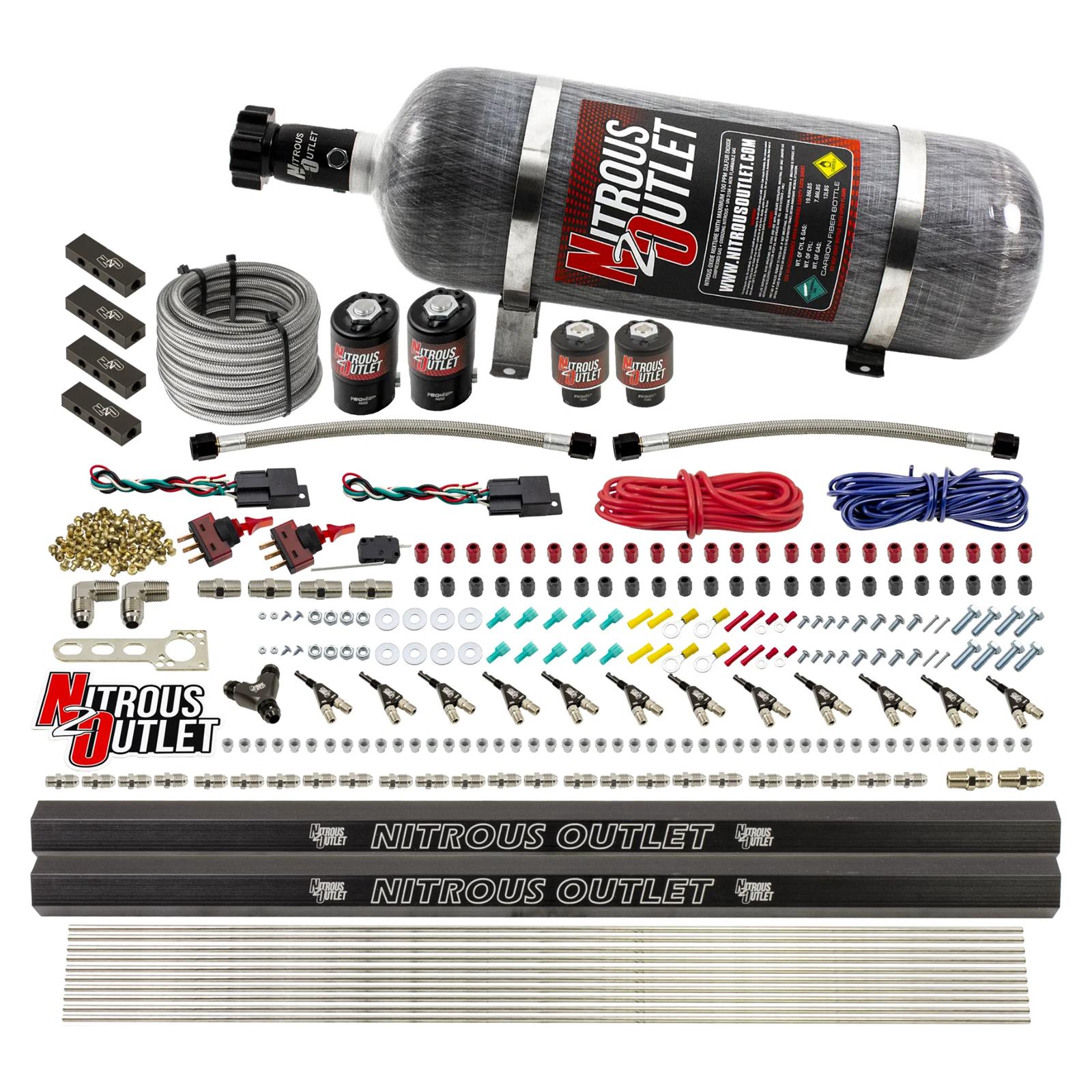 Nitrous Outlet Oxide Systems 00-10398-ALC-DS-12 DS 6Cyl 4Sol Direct Port Sys w/Dist Blocks ALC Low PSI(12Lb Bottle)90° Noz