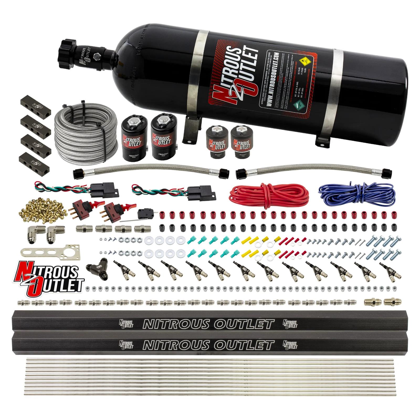 Nitrous Outlet Oxide Systems 00-10398-ALC-DS-15 DS 6Cyl 4Sol Direct Port Sys w/Dist Blocks ALC Low PSI(15Lb Bottle)90° Noz