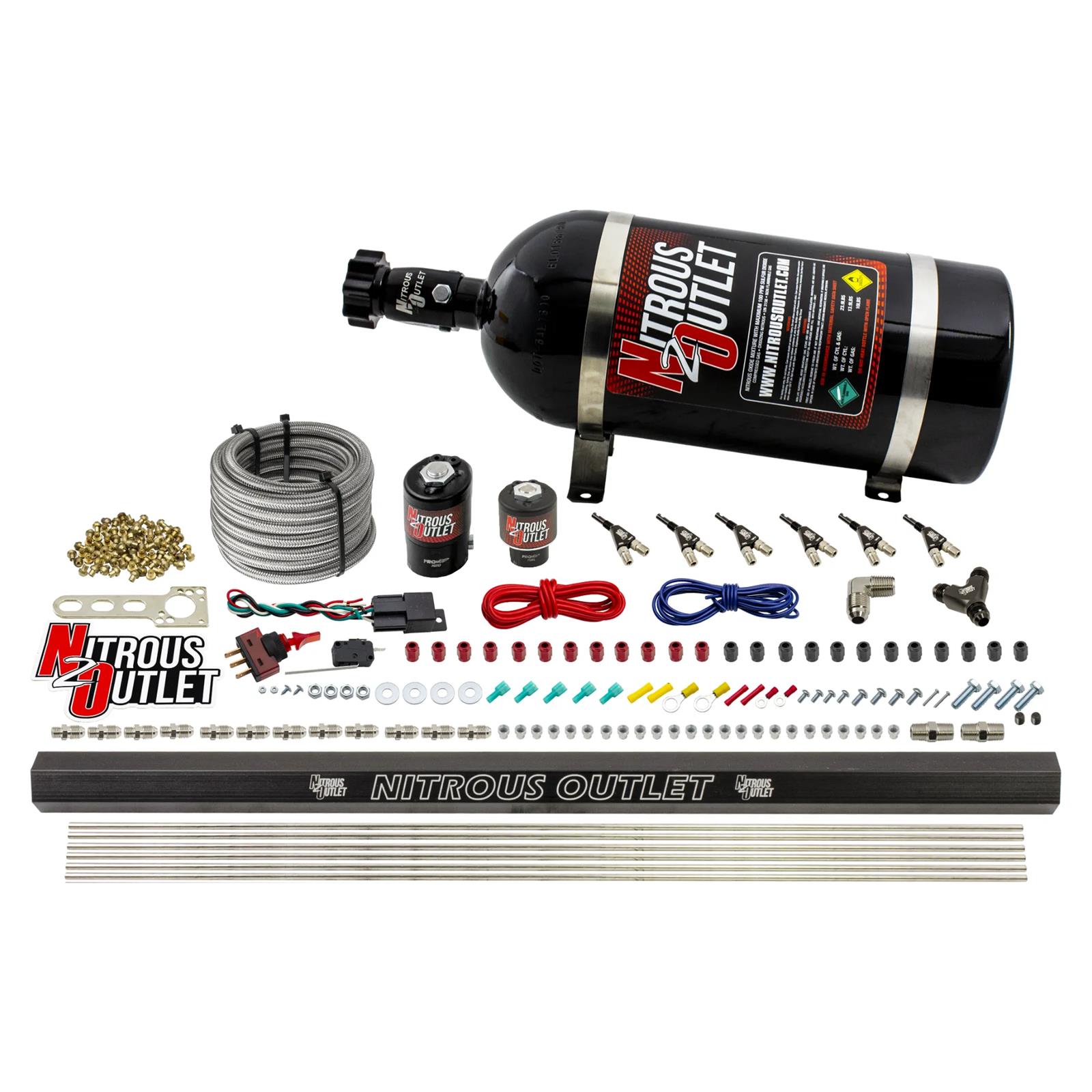 Nitrous Outlet Oxide Systems 00-10398-ALC-R-10 6 Cyl 2 Sol Direct Port Sys w/ Single Rail ALC Low PSI(10Lb Bottle)90° Noz