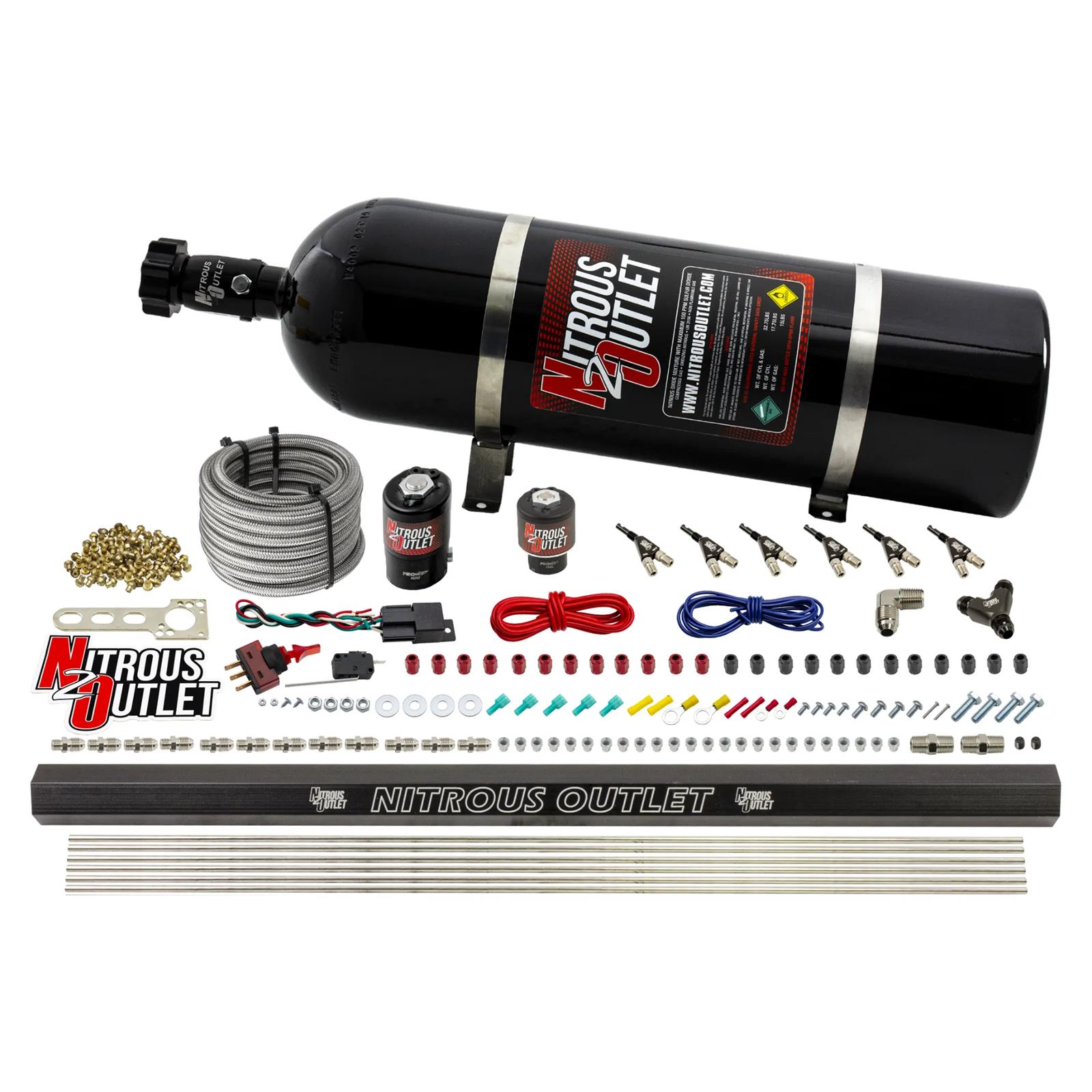 Nitrous Outlet Oxide Systems 00-10398-E85-R-15 6 Cyl 2 Sol Direct Port Sys w/ Single Rail E85 Low PSI(15Lb Bottle) SBT Noz