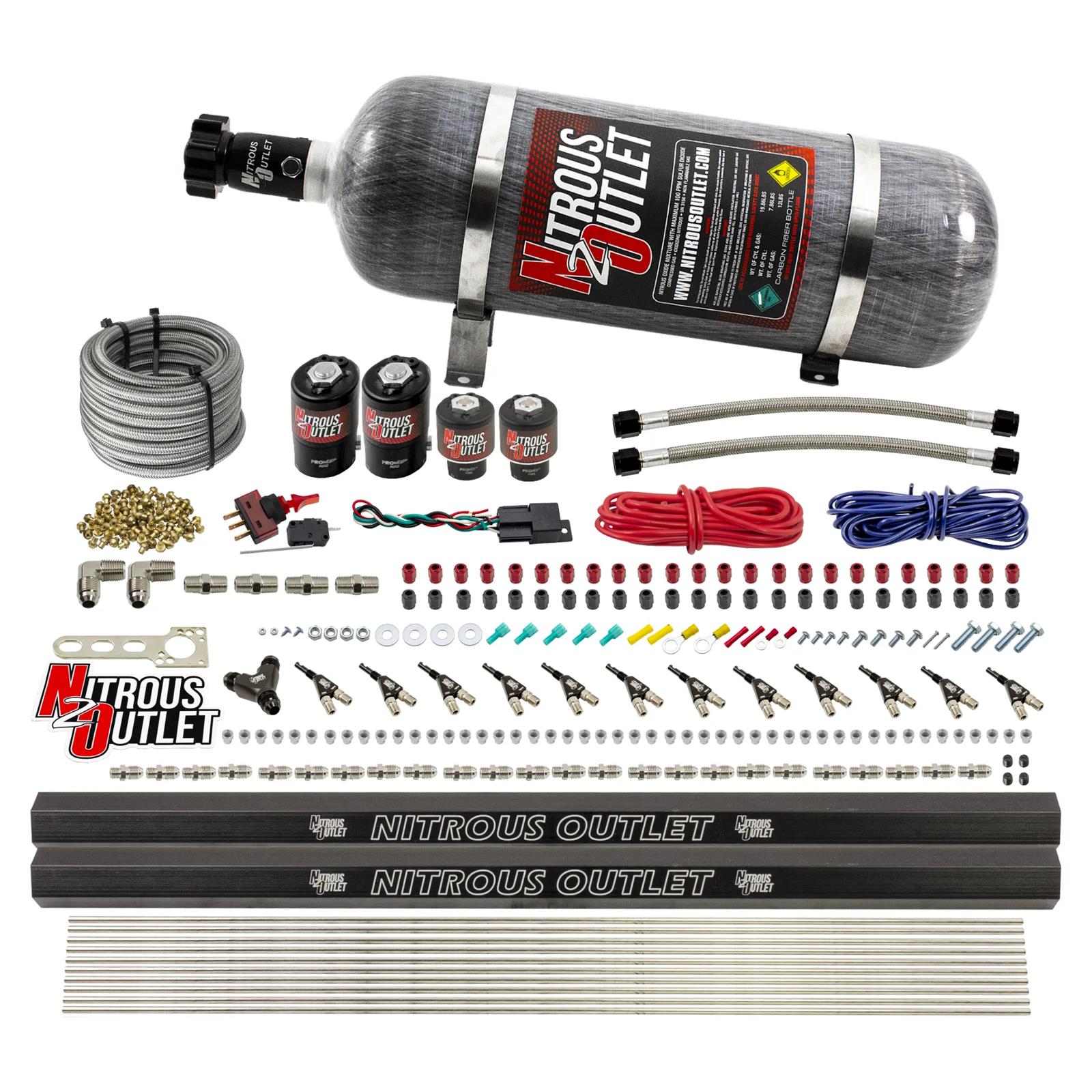 Nitrous Outlet Oxide Systems 00-10398-R-DS-12 DS 6 Cyl 4 Sol Direct Port Sys w/ Dual Rails Low PSI(12Lb Bottle)(90° Noz)