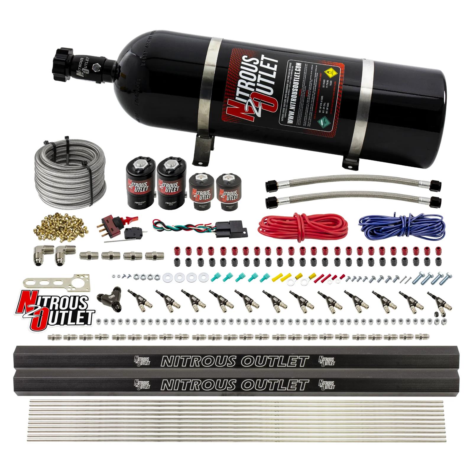 Nitrous Outlet Oxide Systems 00-10398-R-DS-15 DS 6 Cyl 4 Sol Direct Port Sys w/ Dual Rails Low PSI(15Lb Bottle)(90° Noz)