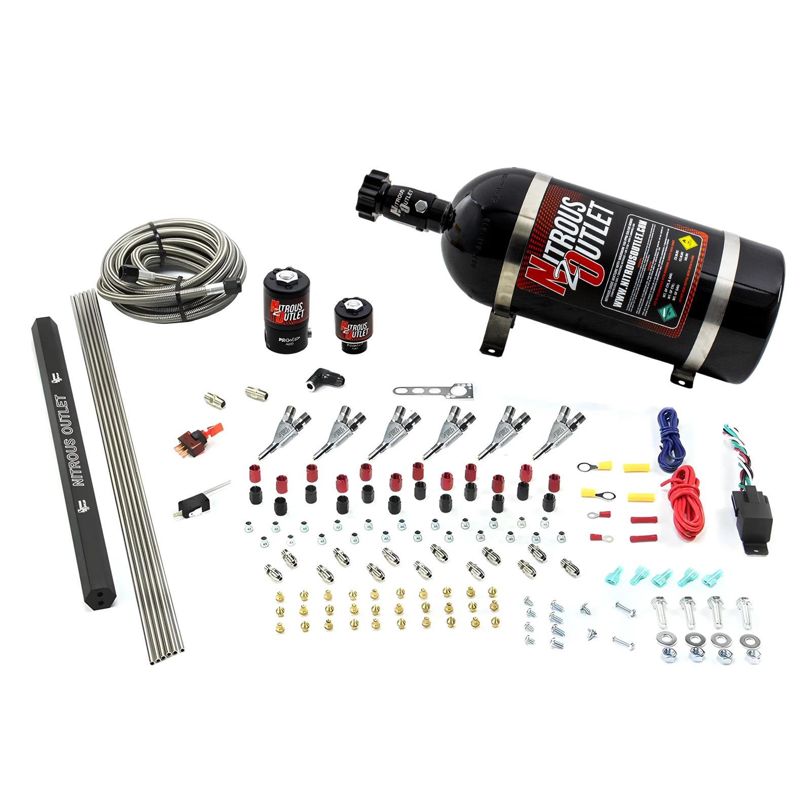 Nitrous Outlet Oxide Systems 00-10398-R-SBT-10 6 Cyl 2 Sol Direct Port Sys w/ Single Rail Low PSI(10Lb Bottle)(SBT Noz)