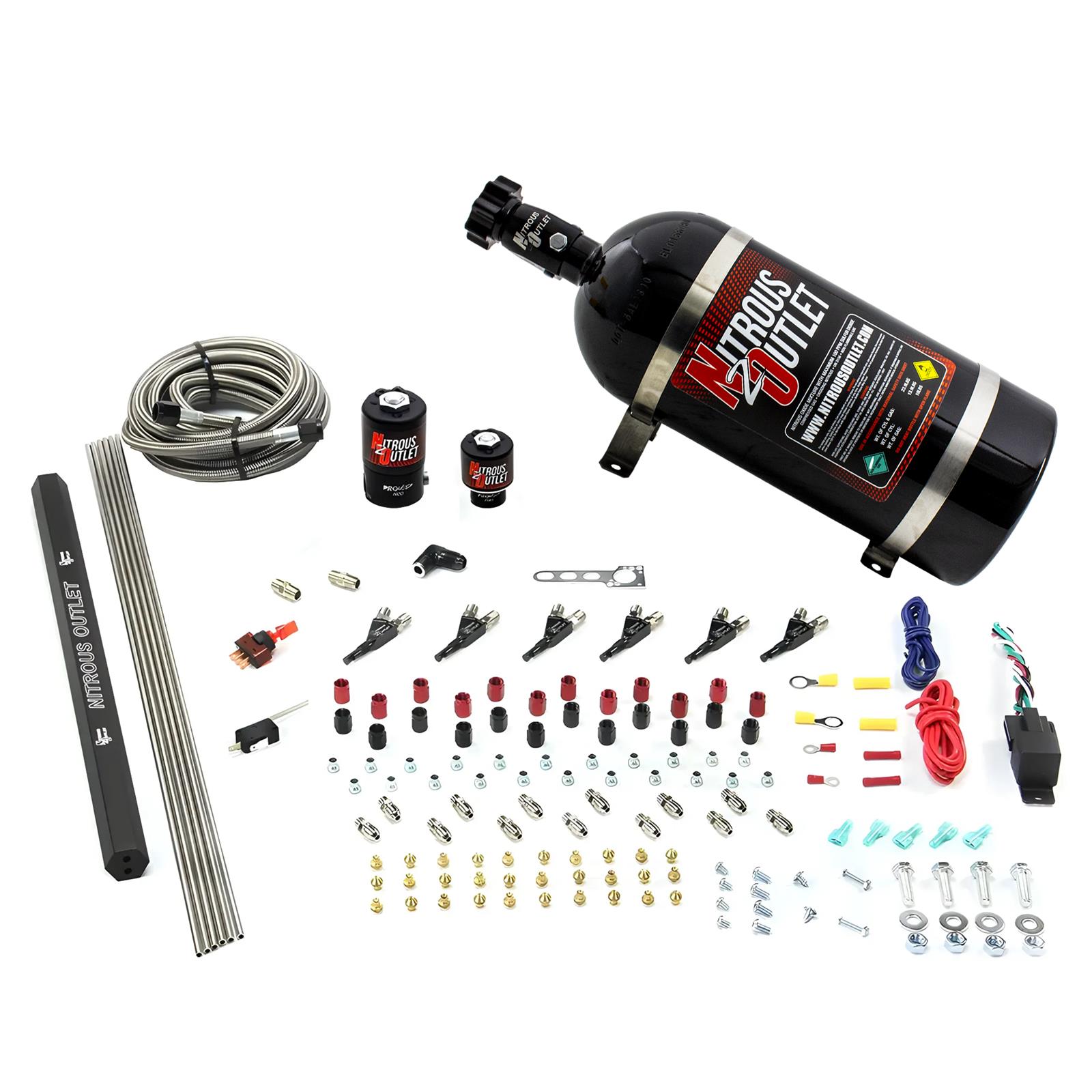 Nitrous Outlet Oxide Systems 00-10399-E85-R-10 6 Cyl 2 Sol Direct Port Sys w/ Single Rail E85 Hi PSI(10Lb Bottle)(90° Noz)