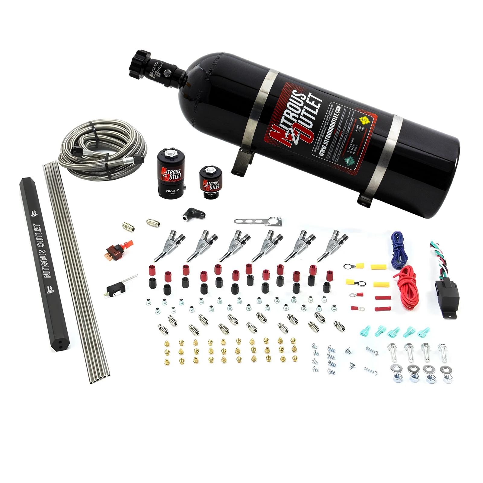Nitrous Outlet Oxide Systems 00-10399-R-SBT-15 6 Cyl 2 Sol Direct Port Sys w/ Single Rail Hi PSI(15Lb Bottle)(SBT Noz)