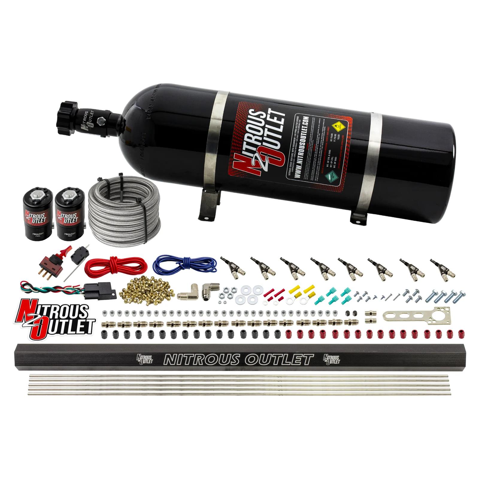 Nitrous Outlet Oxide Systems 00-10472-ALC-H-R-15 8 Cyl 2 Sol Direct Port Sys w/ Single Rail ALC Low PSI(15Lb Bottle)90° Noz