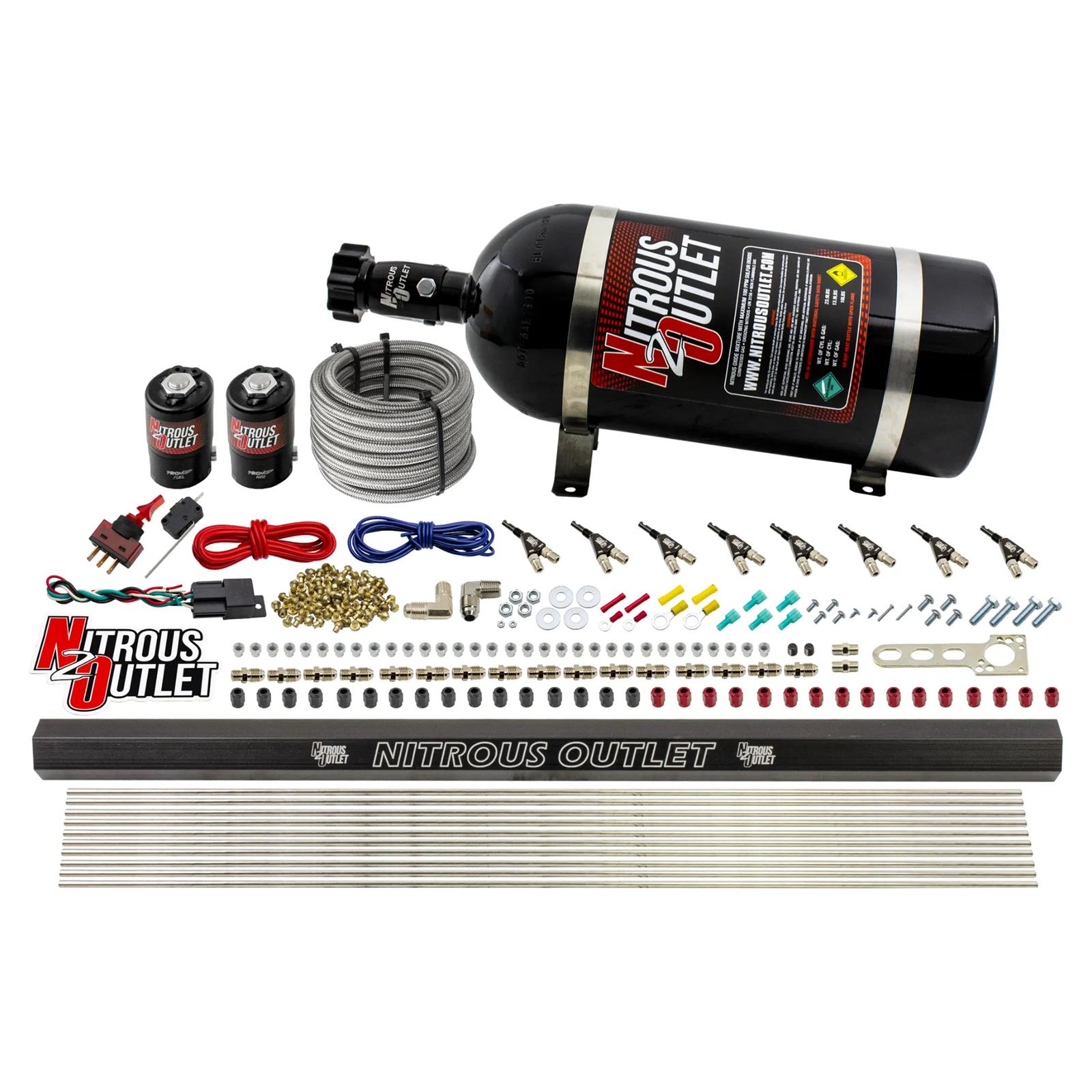 Nitrous Outlet Oxide Systems 00-10472-E85-H-R-10 8 Cyl 2 Sol Direct Port Sys w/ Single Rail E85 Low PSI(10Lb Bottle)90° Noz