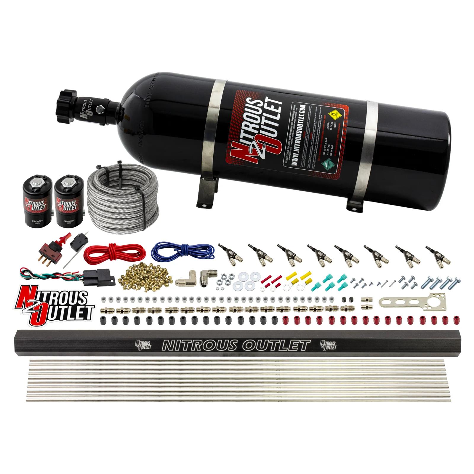 Nitrous Outlet Oxide Systems 00-10472-E85-H-R-15 8 Cyl 2 Sol Direct Port Sys w/ Single Rail E85 Low PSI(15Lb Bottle)90° Noz