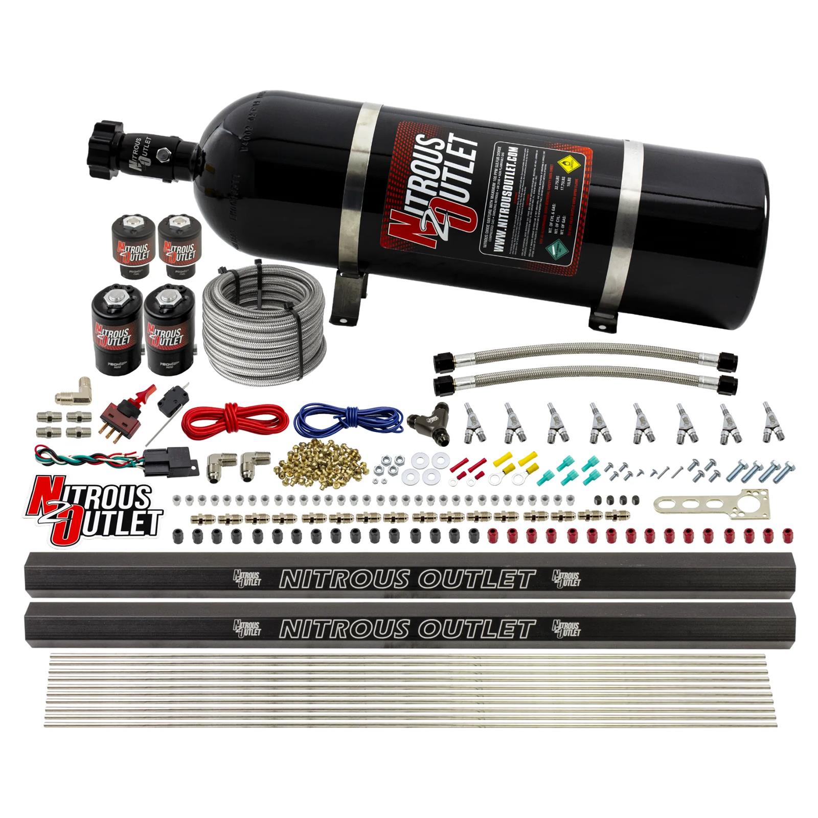 Nitrous Outlet Oxide Systems 00-10474-H-R-SBT-15 8 Cyl 4 Sol Direct Port Sys w/ Dual Rails Low PSI(15Lb Bottle)(SBT Noz)