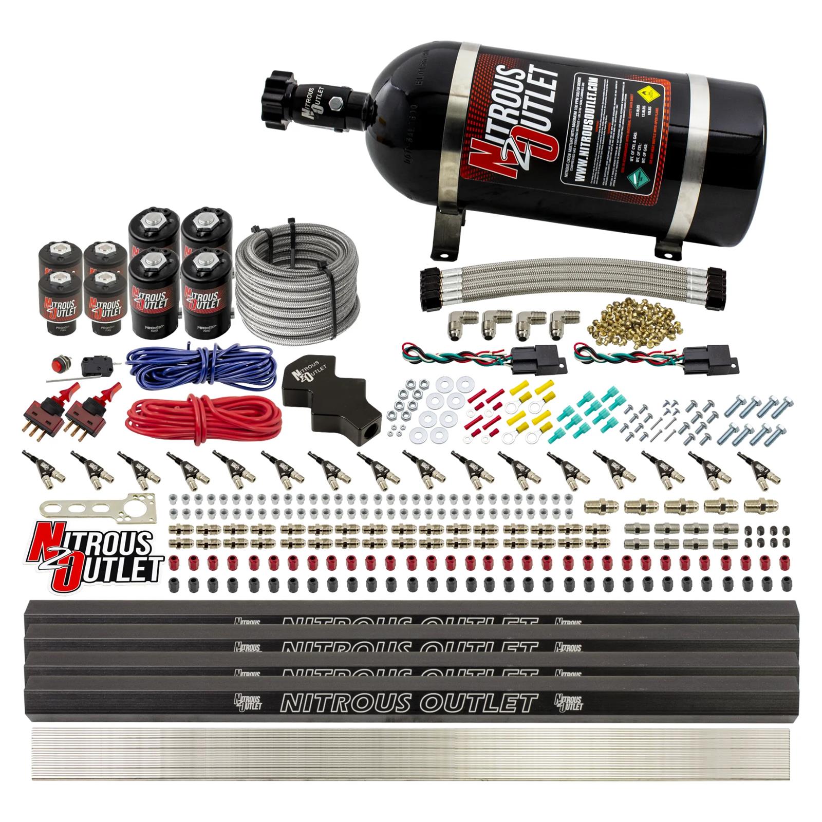 Nitrous Outlet Oxide Systems 00-10474-L-R-DS-10 DS 8 Cyl 8 Sol Direct Port Sys w/ Quad Rails Low PSI(10Lb Bottle)(90° Noz)