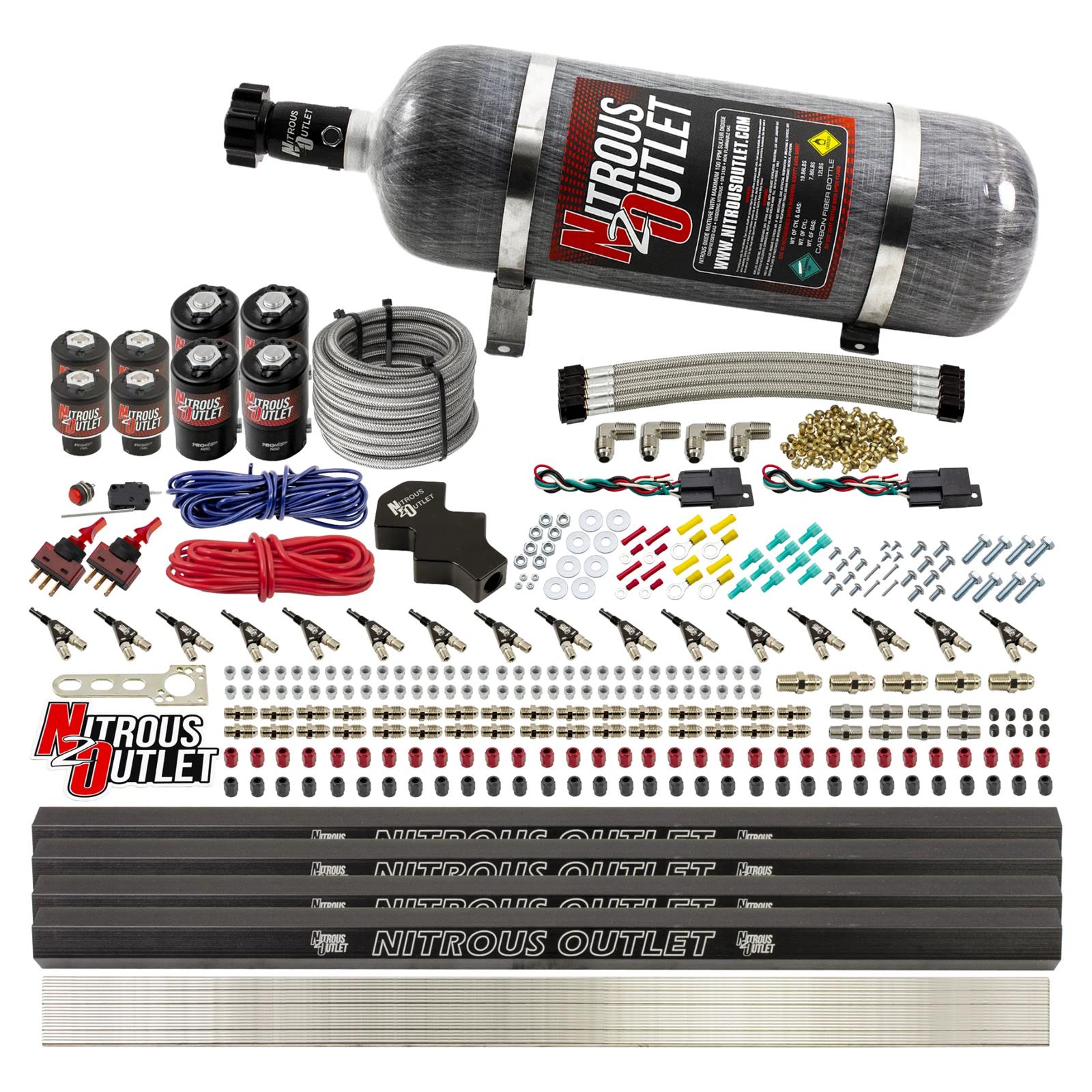 Nitrous Outlet Oxide Systems 00-10474-L-R-DS-12 DS 8 Cyl 8 Sol Direct Port Sys w/ Quad Rails Low PSI(12Lb Bottle)(90° Noz)