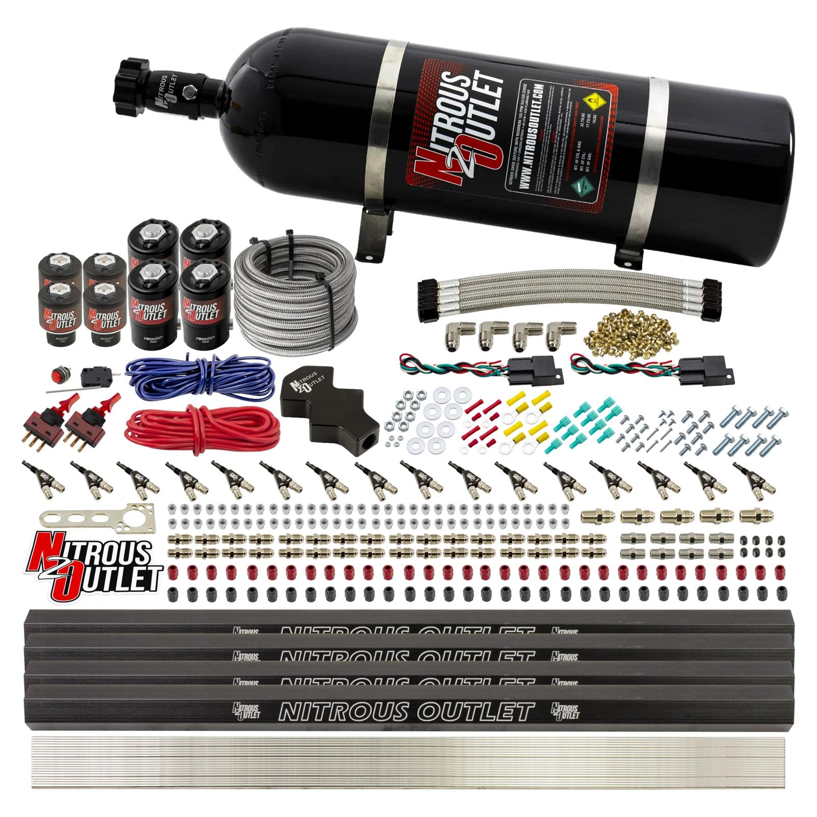 Nitrous Outlet Oxide Systems 00-10474-L-R-DS-15 DS 8 Cyl 8 Sol Direct Port Sys w/ Quad Rails Low PSI(15Lb Bottle)(90° Noz)