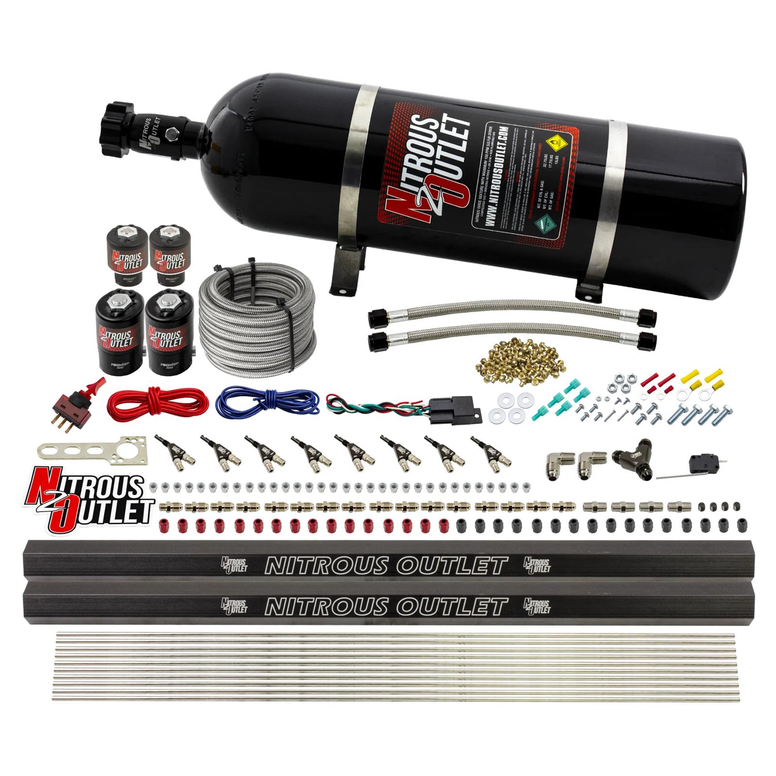 Nitrous Outlet Oxide Systems 00-10475-E85-L-R-15 8 Cyl 4 Sol Direct Port Sys w/ Dual Rails E85 Hi PSI(15Lb Bottle)(90° Noz)