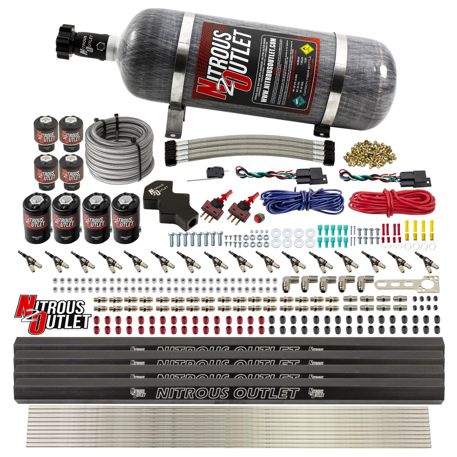 Nitrous Outlet Oxide Systems 00-10475-E85-L-R-DS-12 DS 8Cyl 8Sol Direct Port Sys w/ Quad Rails E85 Hi PSI(12Lb Bottle)(90° Noz)