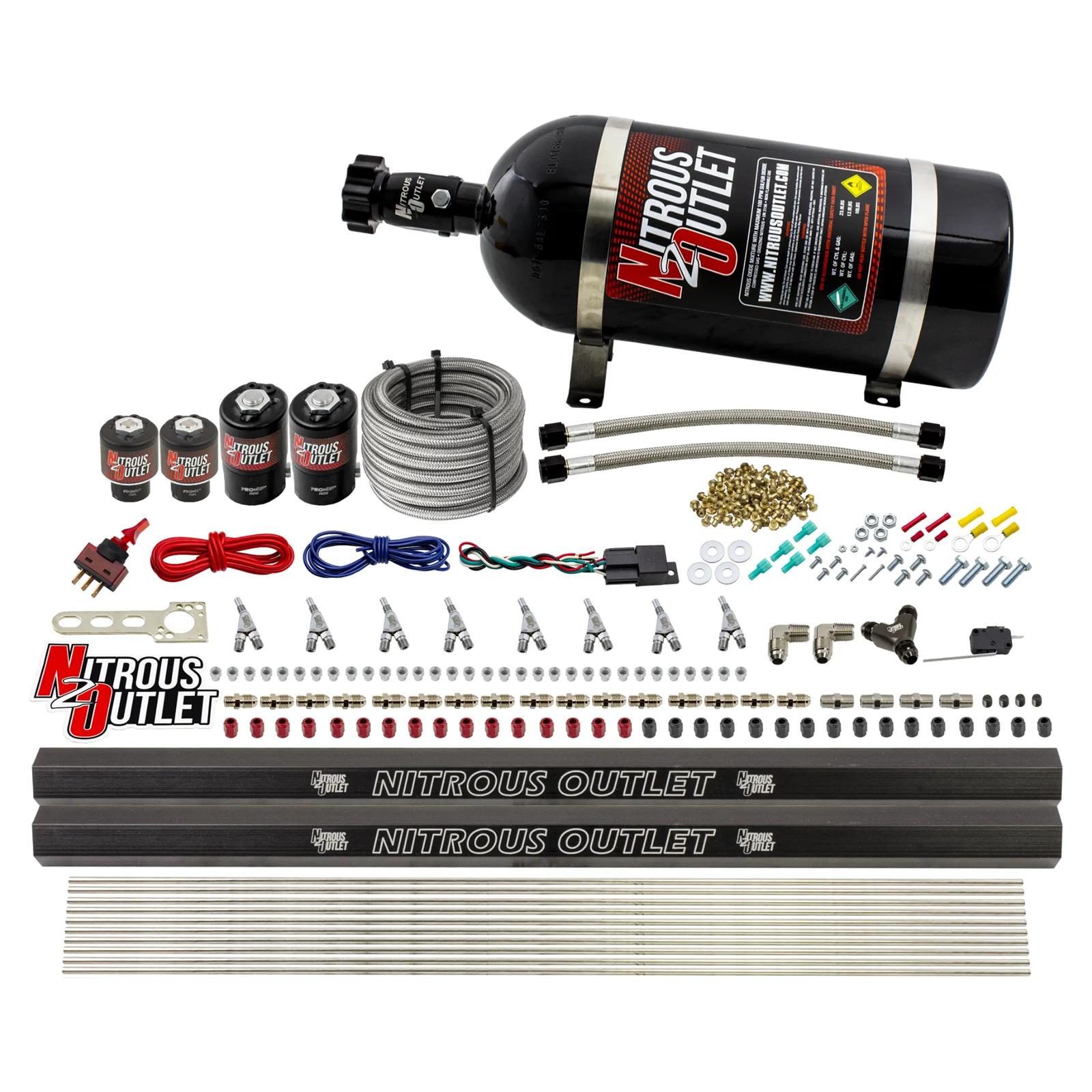 Nitrous Outlet Oxide Systems 00-10475-H-R-SBT-10 8 Cyl 4 Sol Direct Port Sys w/ Dual Rails Hi PSI(10Lb Bottle)(SBT Noz)