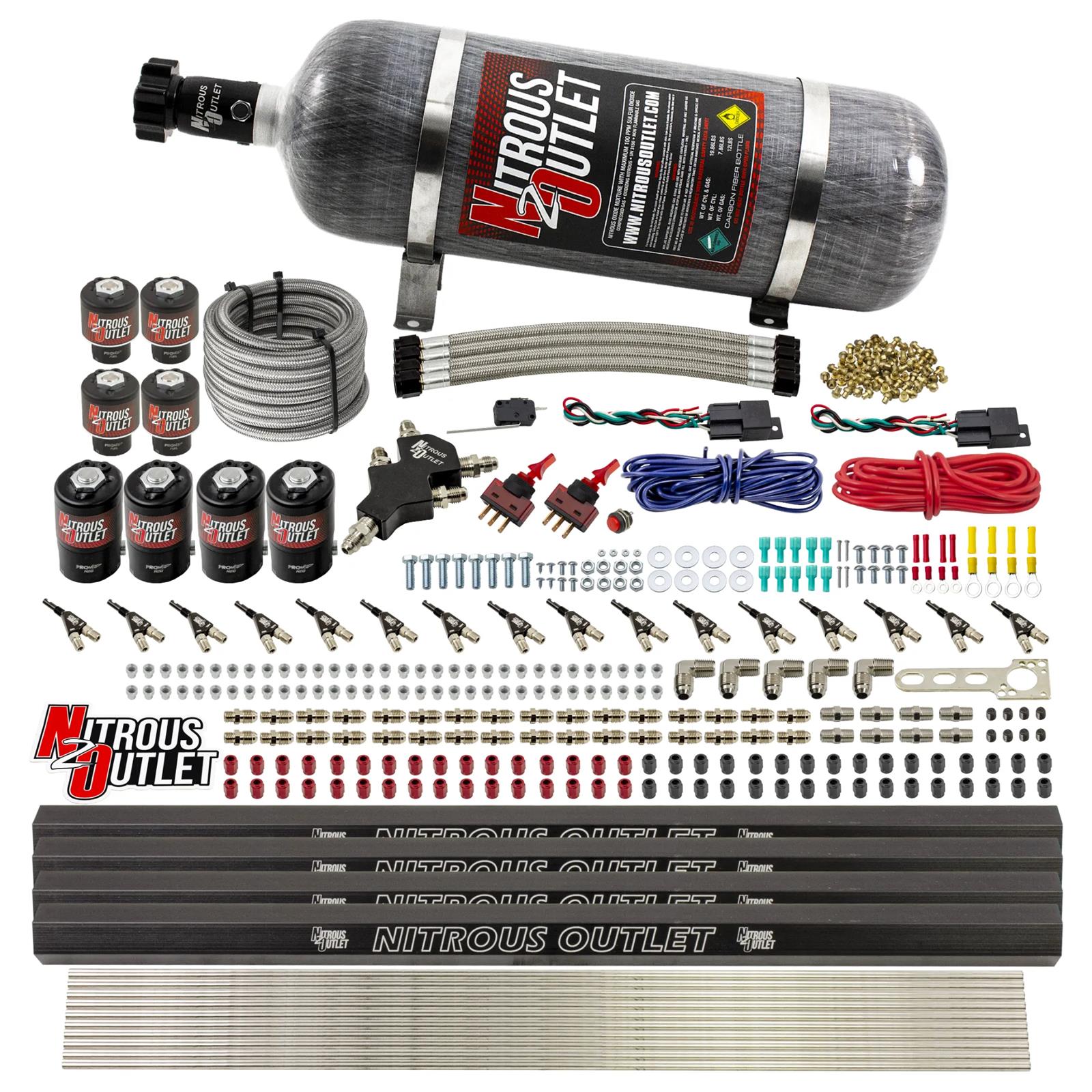 Nitrous Outlet Oxide Systems 00-10475-L-R-DS-12 DS 8 Cyl 8 Sol Direct Port Sys w/ Quad Rails Hi PSI(12Lb Bottle)(90° Noz)