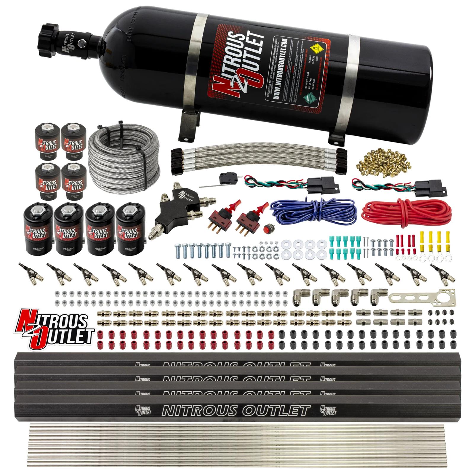 Nitrous Outlet Oxide Systems 00-10475-L-R-DS-15 DS 8 Cyl 8 Sol Direct Port Sys w/ Quad Rails Hi PSI(15Lb Bottle)(90° Noz)