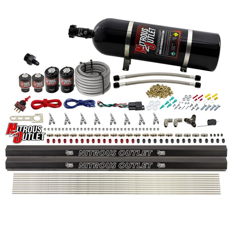 Nitrous Outlet Oxide Systems 00-10475-L-R-SBT-15 8 Cyl 4 Sol Direct Port Sys w/ Dual Rails Hi PSI(15Lb Bottle)(SBT Noz)