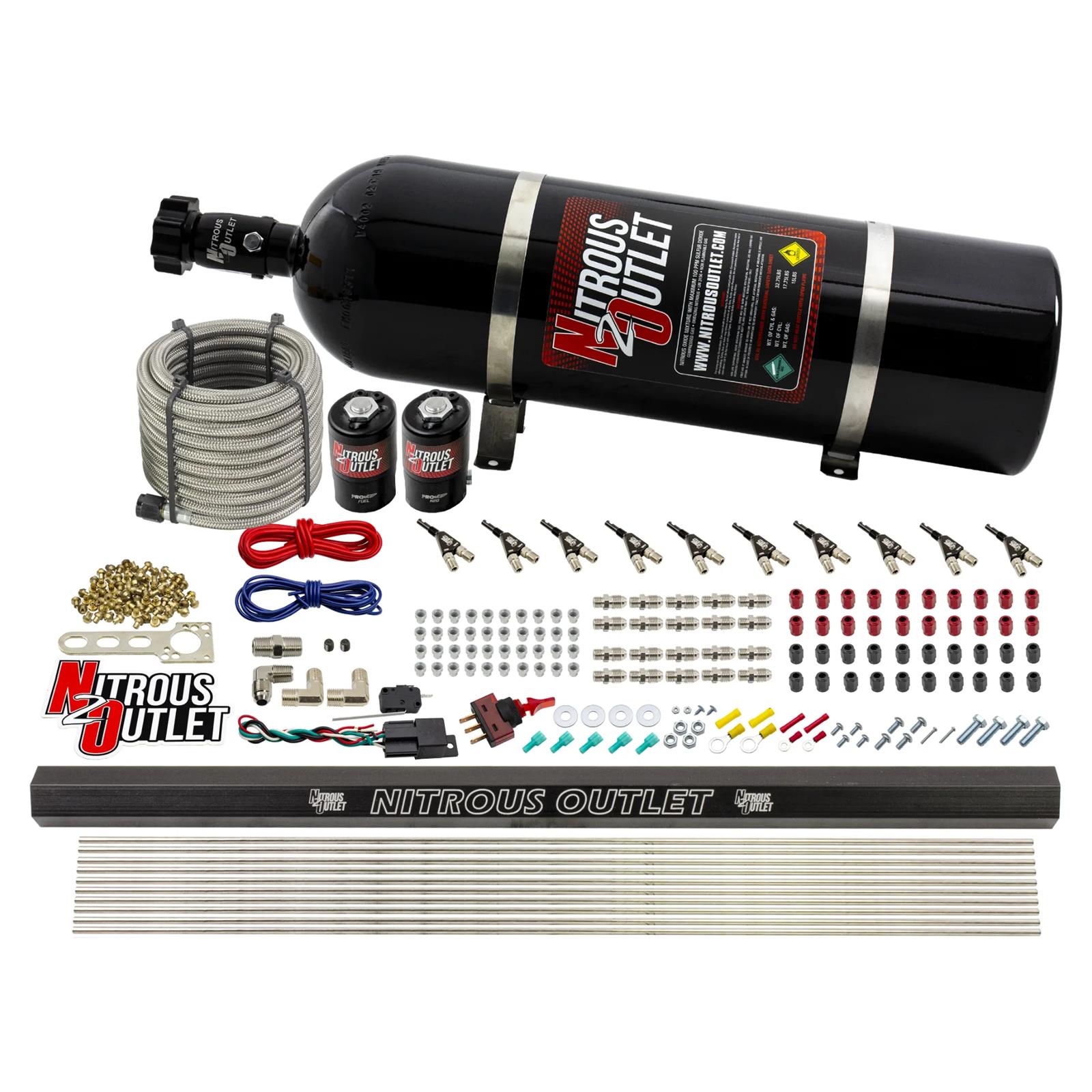 Nitrous Outlet Oxide Systems 00-10494-E85-R-15 10 Cyl 2Sol Direct Port Sys w/ Single Rail E85 Low PSI(15Lb Bottle)90° Noz