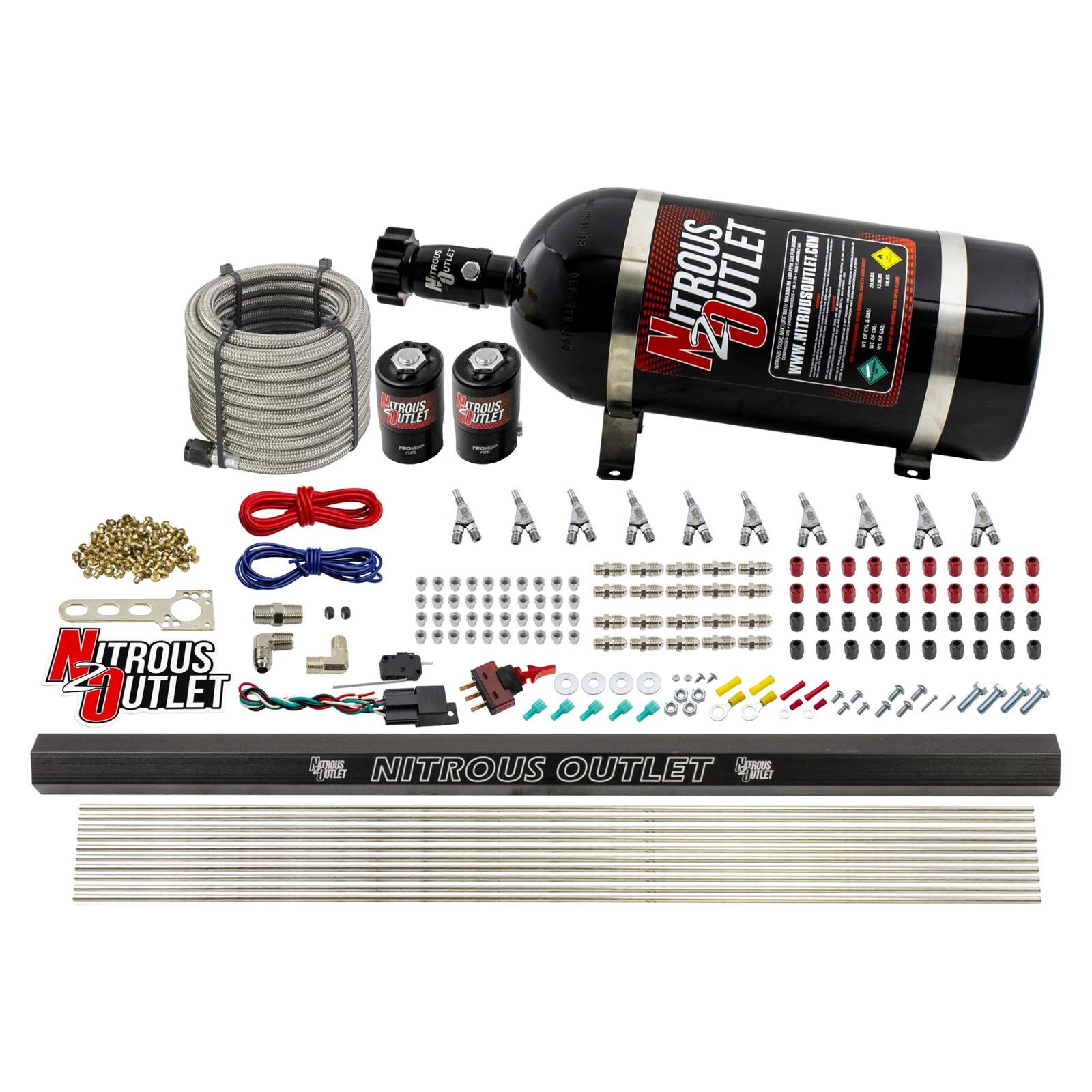 Nitrous Outlet Oxide Systems 00-10495-R-SBT-10 10 Cyl 2 Sol Direct Port Sys w/ Single Rail Hi PSI(10Lb Bottle)(SBT Noz)