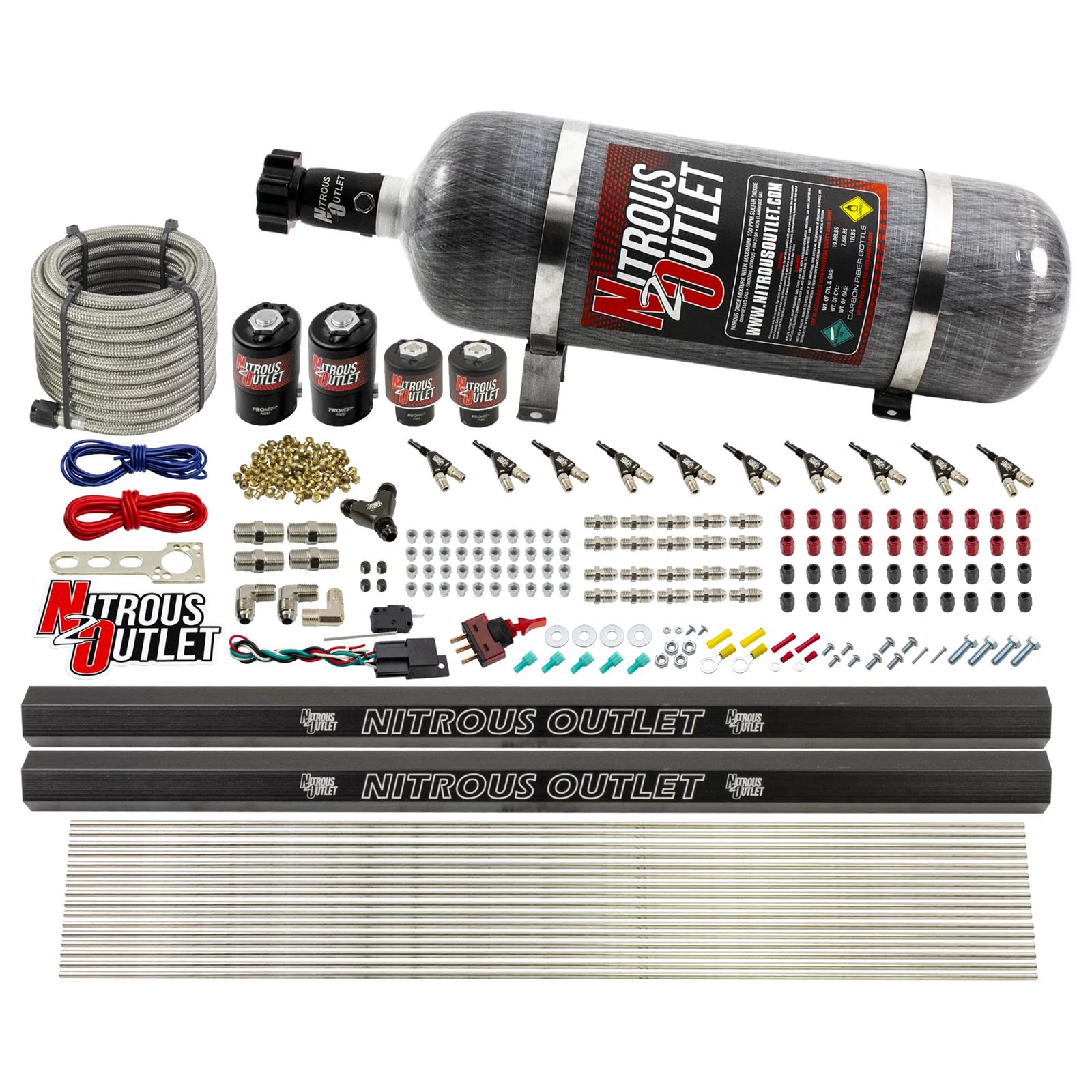 Nitrous Outlet Oxide Systems 00-10496-ALC-R-12 10 Cyl 4 Sol Direct Port Sys w/ Dual Rails ALC Low PSI(12Lb Bottle)90° Noz
