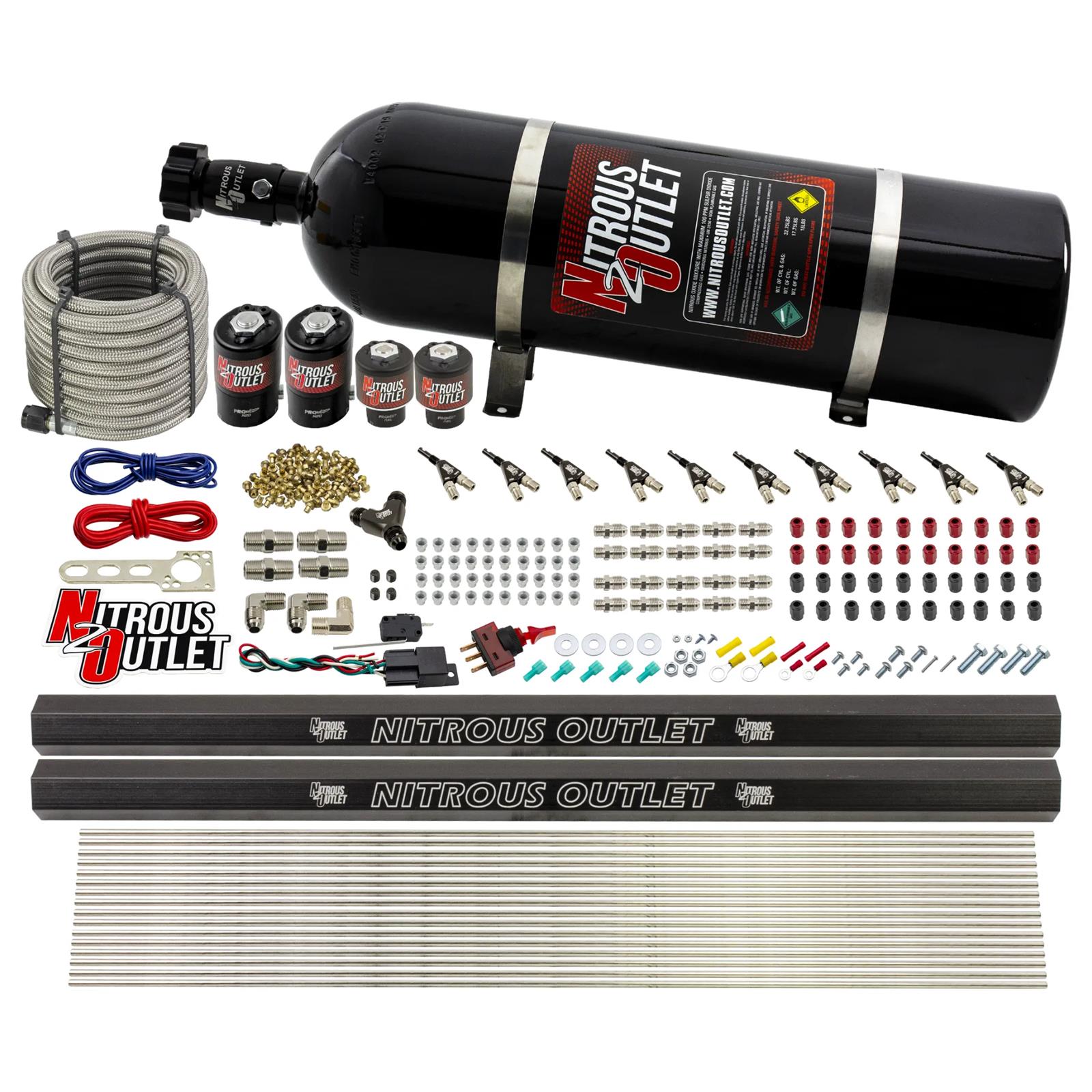 Nitrous Outlet Oxide Systems 00-10496-E85-R-15 10 Cyl 4 Sol Direct Port Sys w/ Dual Rails E85 Low PSI(15Lb Bottle)90° Noz