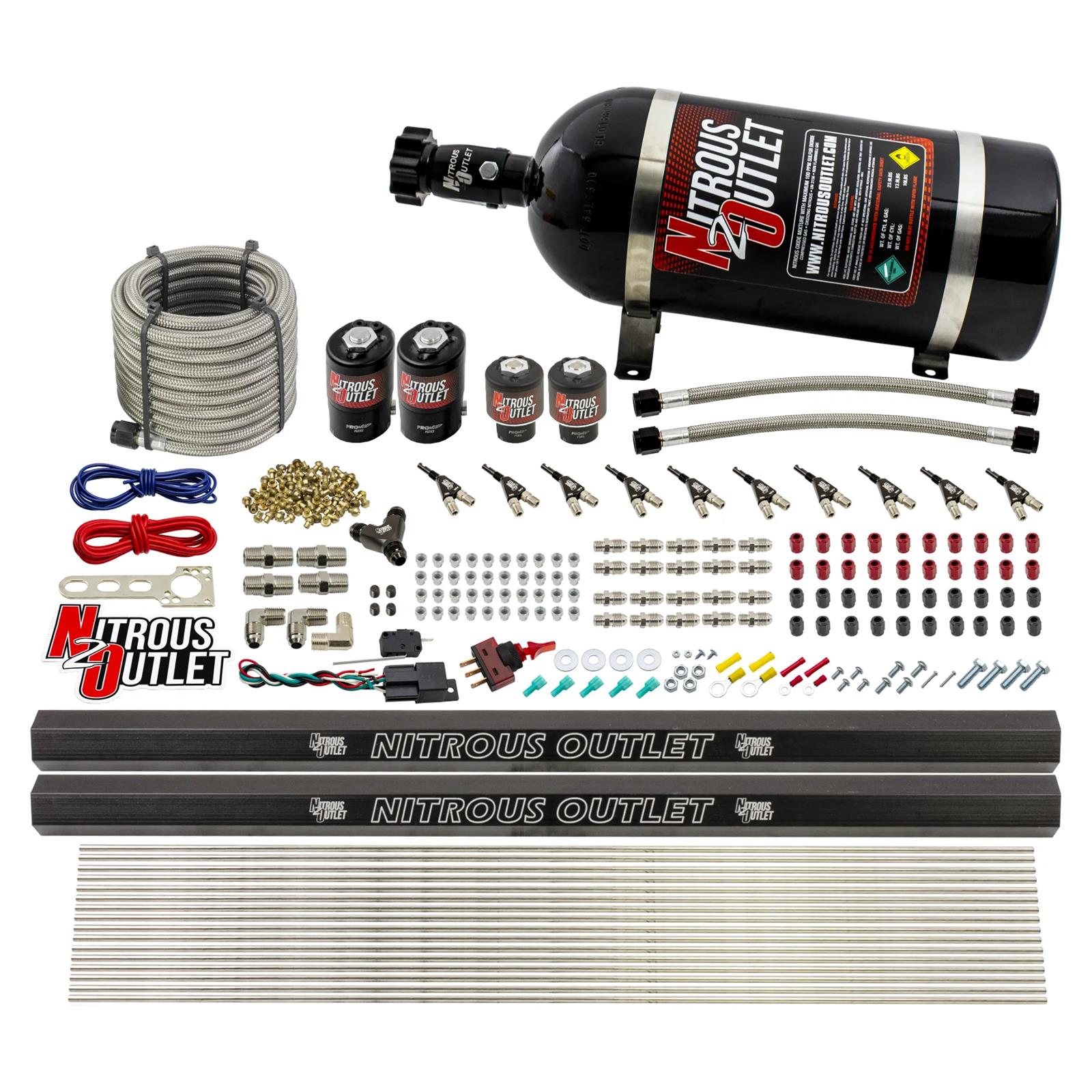 Nitrous Outlet Oxide Systems 00-10497-E85-R-10 10 Cyl 4 Sol Direct Port Sys w/ Dual Rail E85 Hi PSI(10Lb Bottle)(90° Noz)