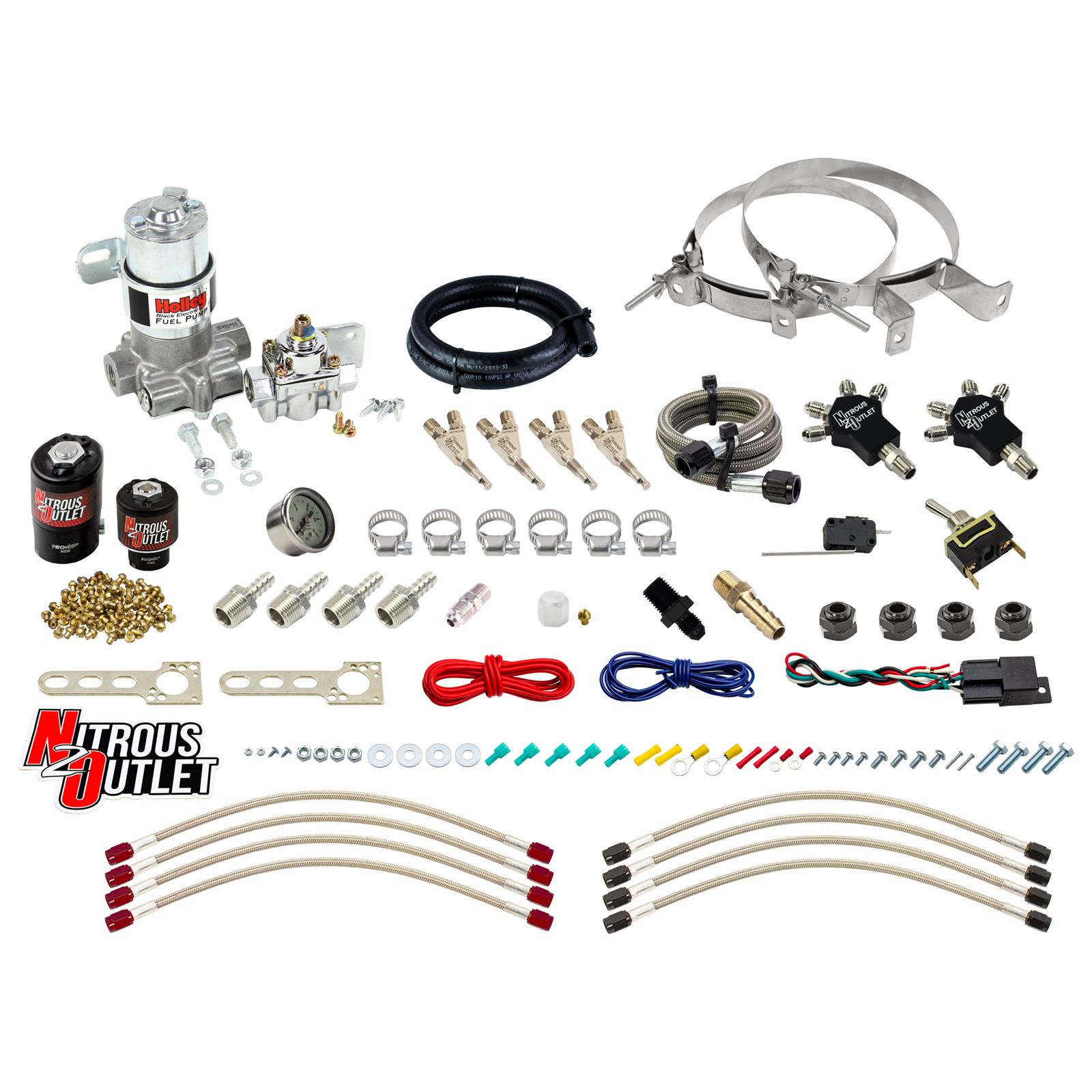 Nitrous Outlet Oxide Systems 50-10200-00 Systems, Powersports Four Cylinder Pro Mod Nozzle System (Stainless 90 Degree Nozzles)(Gas)(10 psi)(60,100,180,200,250 HP)(No Bottle)