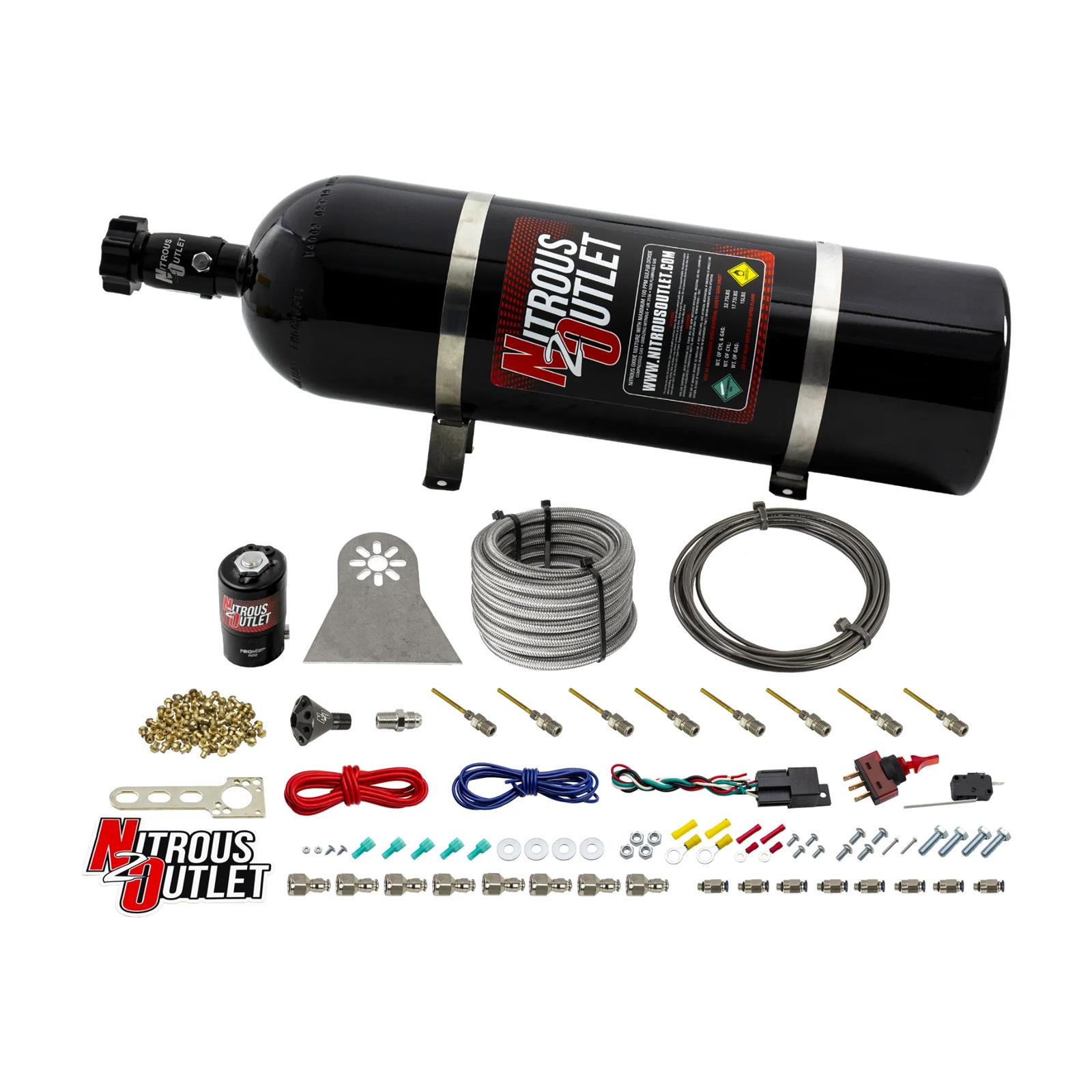 Nitrous Outlet Oxide Systems 00-10481-L-PF-DRY-15 Systems, Dry 8 Cylinder Direct Port System - .112 Solenoids/Nylon Hose/Showerhead Distribution Blocks/Plate Fittings (100-400HP)