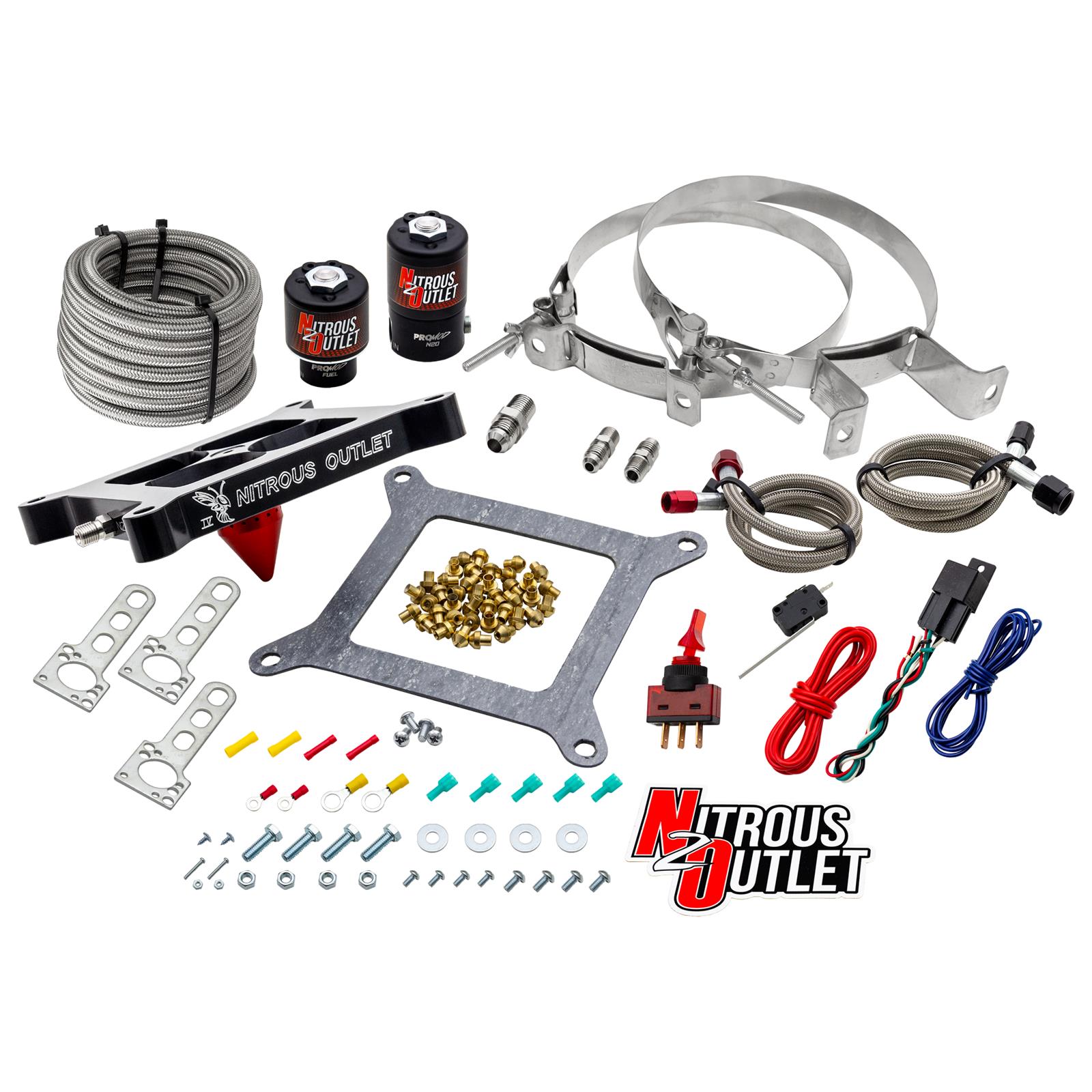 Nitrous Outlet Oxide Systems 00-10600-GEN4-00 Systems, 4150 Stinger 4 System - Braided Hoses/.122 Solenoid/.177 Fuel Solenoid/Universal Solenoid Brackets - (Gas/E85)(5-55 psi