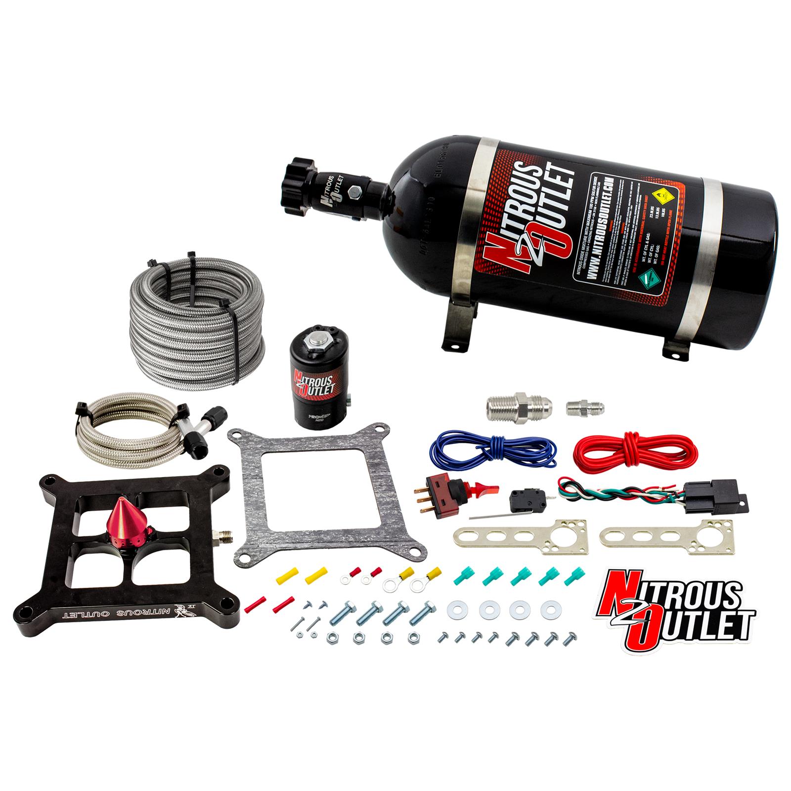 Nitrous Outlet Oxide Systems 00-10670-GEN4-10 Systems, 4150 Stinger 4 Dry System - Braided Hoses/.122 Solenoid/Universal Solenoid Bracket - (50-500 HP)(10lb Bottle)
