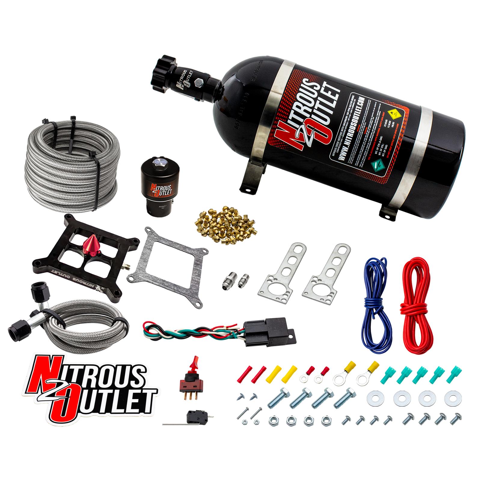Nitrous Outlet Oxide Systems 00-10671-GEN4-10 Systems, 4150 Stinger 4 Dry Race System - Braided Hoses/.178 Trashcan Solenoid/Universal Solenoid Bracket - (50-600 HP)(10lb Bot