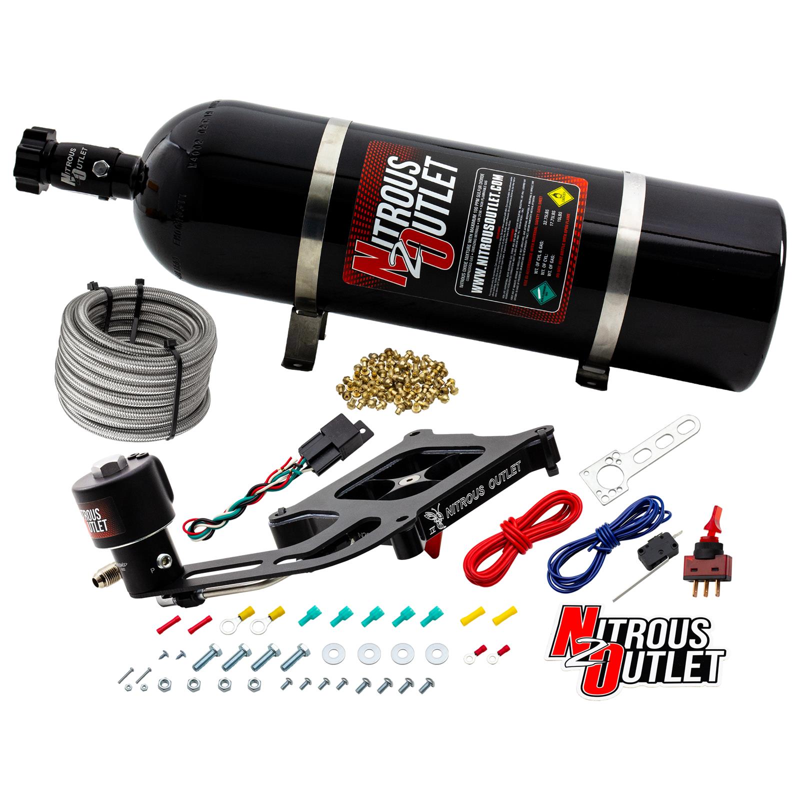 Nitrous Outlet Oxide Systems 00-10674-GEN4-15 Systems, 4150 Stinger 4 Dry Race System - Hard-line/.178 Trashcan Solenoid/Boomerang Solenoid Bracket - (50-600 HP)(15lb Bottle)