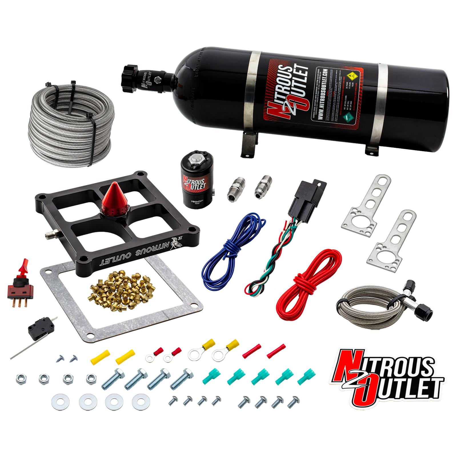 Nitrous Outlet Oxide Systems 00-10677-GEN4-15 Systems, 4500 Stinger 4 Dry System - Braided Hoses/.122 Solenoid/Universal Solenoid Bracket - (50-500 HP)(15lb Bottle)