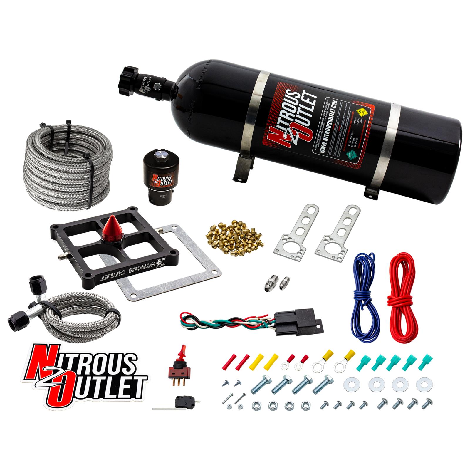 Nitrous Outlet Oxide Systems 00-10678-GEN4-15 Systems, 4500 Stinger 4 Dry Race System - Braided Hoses/.178 Trashcan Solenoid/Universal Solenoid Bracket - (50-600 HP)(15lb Bot
