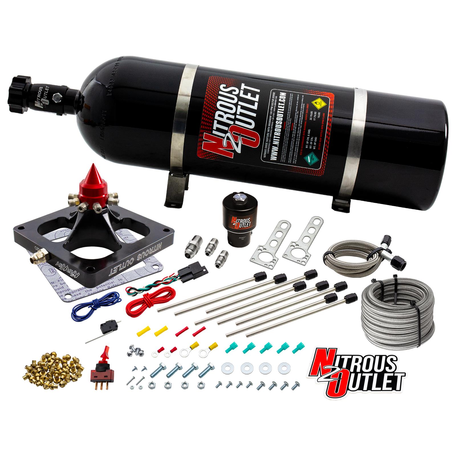 Nitrous Outlet Oxide Systems 00-45900-DRY1-15 Systems, 4500 Dry Kraken Plate System - Braided Hose/.178 MOD Trashcan Solenoid/Universal Solenoid Bracket (100-800hp)(15lb Bott