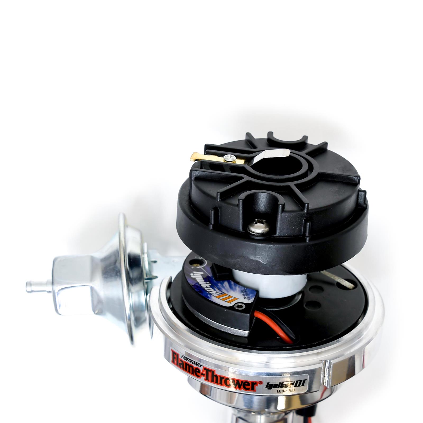 PerTronix Flame-Thrower Plug and Play Billet Distributors with Ignitor III® Module D7100700 Distributor, Play, Hall Effect Pickup, Vacuum Advance, Black Cap, Chevy, Big/Small Block, Each