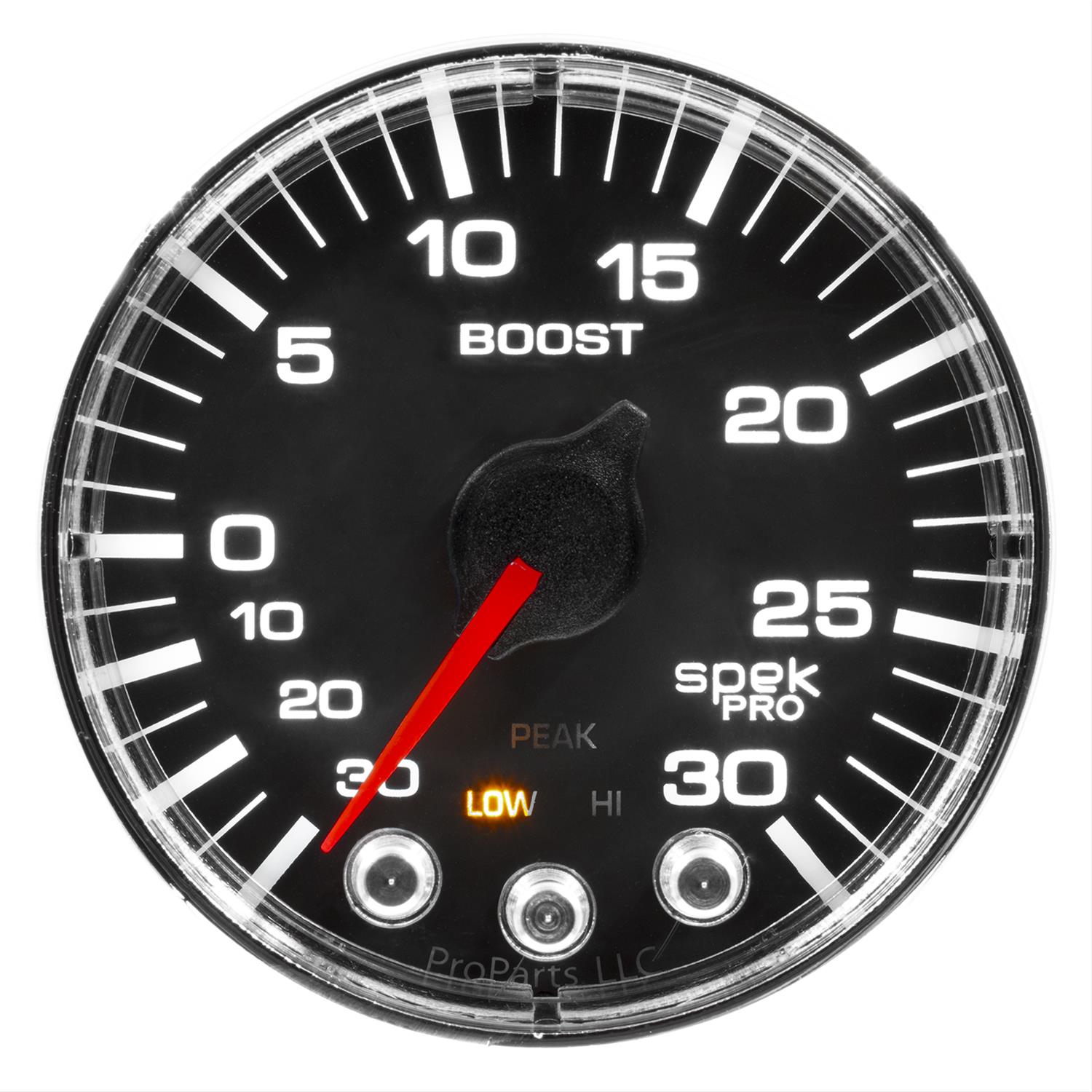 Autometer Spek-Pro Gauge Vac/Boost 2 1/16in 30Inhg-30psi Stepper Motor W/Peak & Warn Black/Chrome