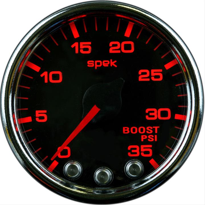 Autometer Spek-Pro Gauge Boost 2 1/16in 35psi Stepper Motor W/Peak & Warn Black/Chrome
