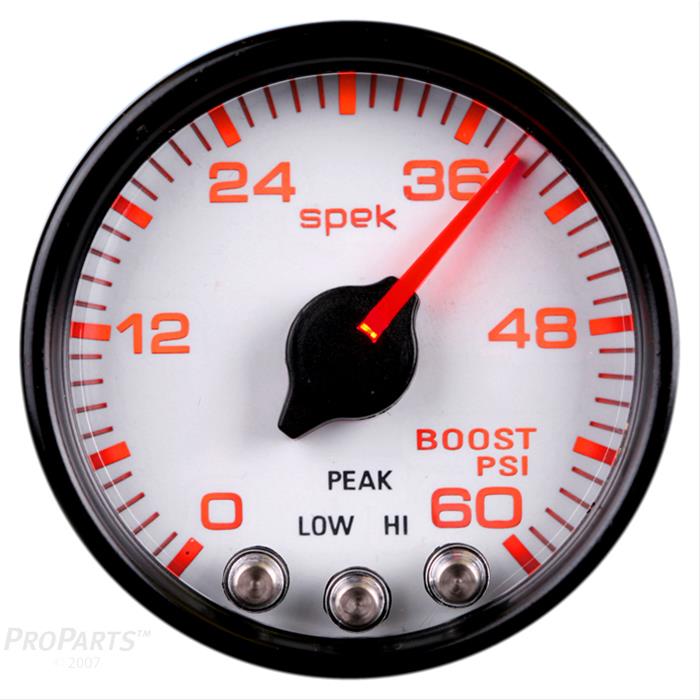 Autometer Spek-Pro Gauge Boost 2 1/16in 60psi Stepper Motor W/Peak & Warn Wht/Blk